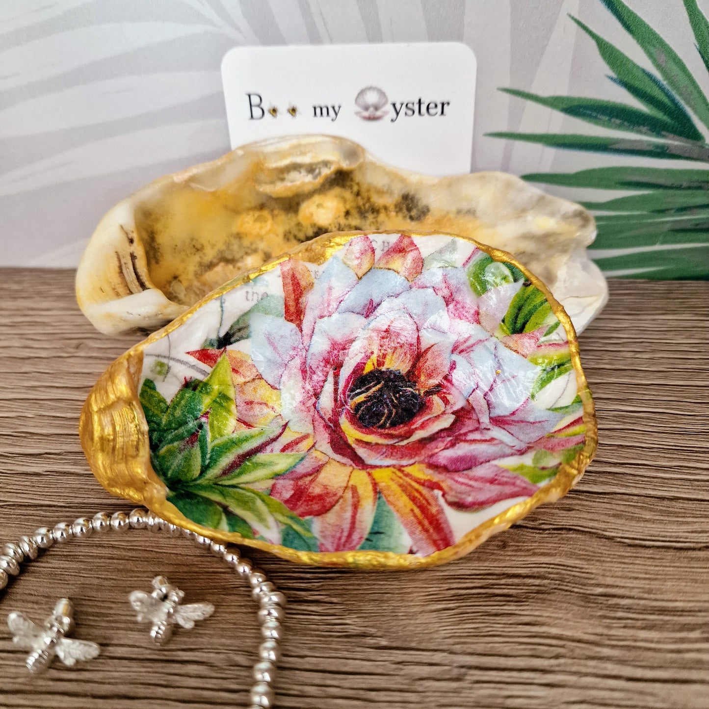 Water Lily Pink Flower Oyster Shell Trinket Dish