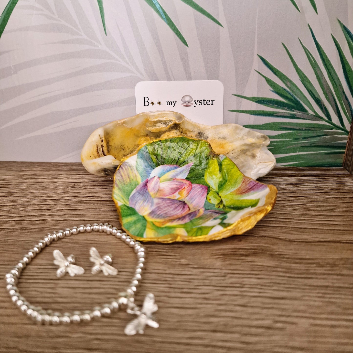 Water Lily Lilac Bud Flower Oyster Shell Trinket Dish