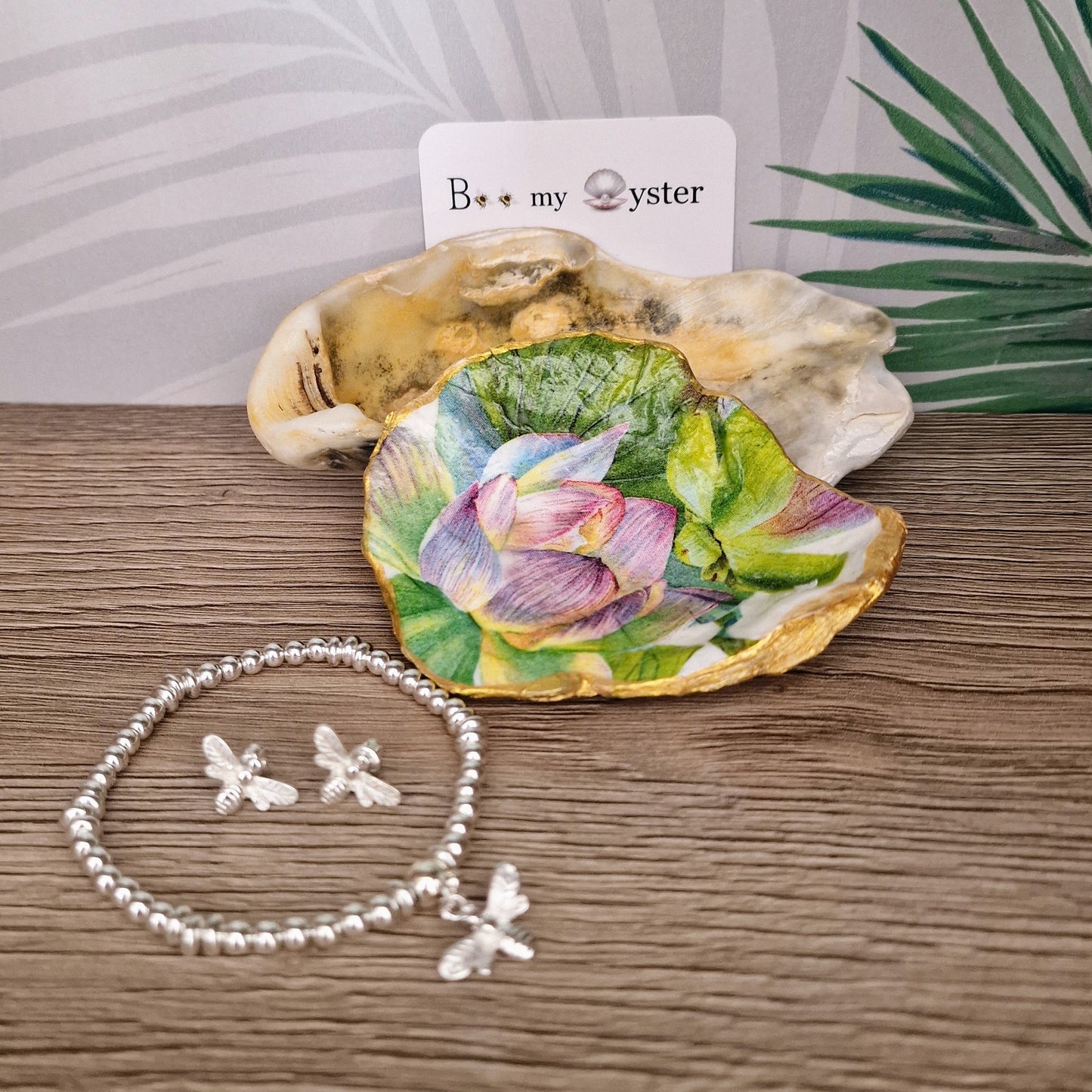 Water Lily Lilac Bud Flower Oyster Shell Trinket Dish