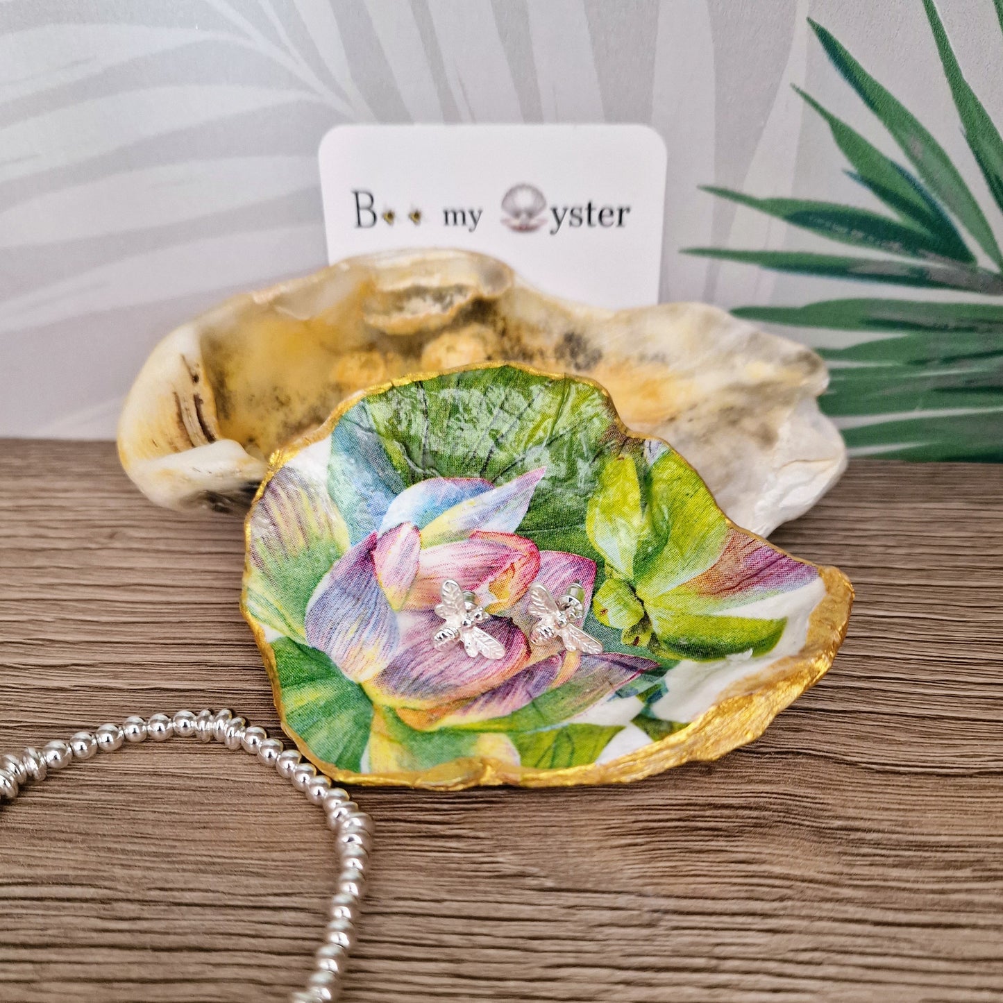 Water Lily Lilac Bud Flower Oyster Shell Trinket Dish