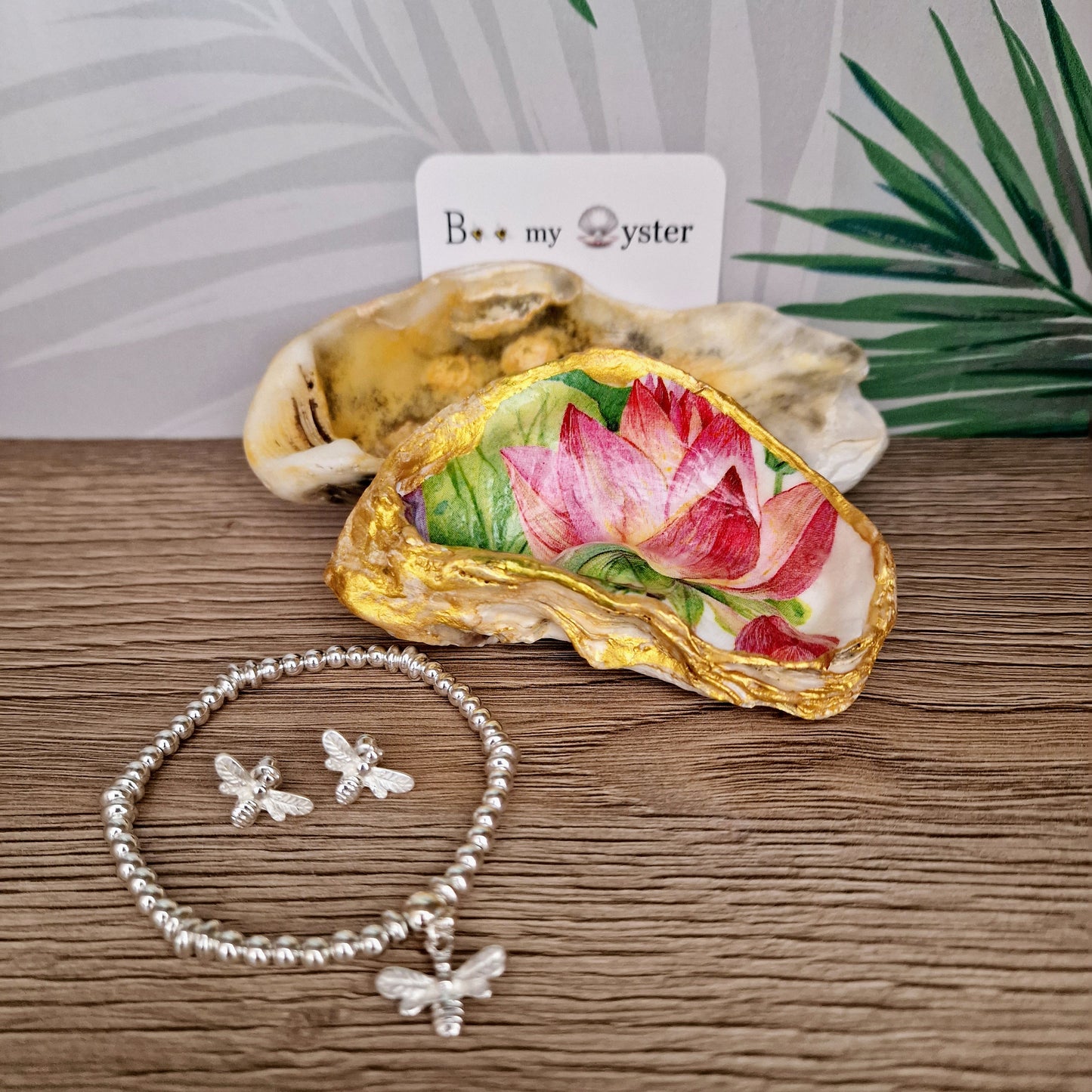 Water Lily Pink Bud Flower Oyster Shell Trinket Dish