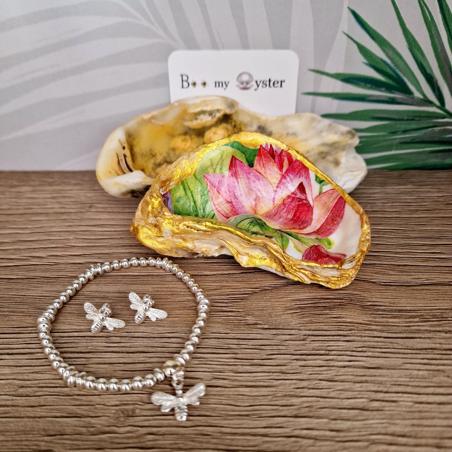 Water Lily Pink Bud Flower Oyster Shell Trinket Dish