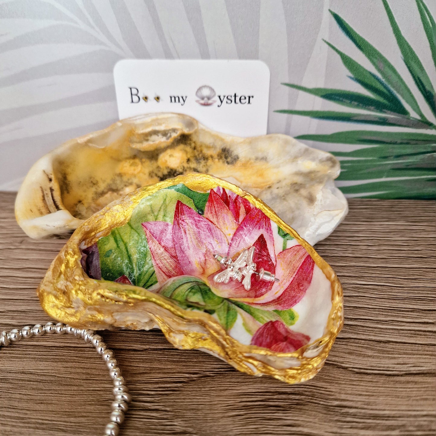 Water Lily Pink Bud Flower Oyster Shell Trinket Dish
