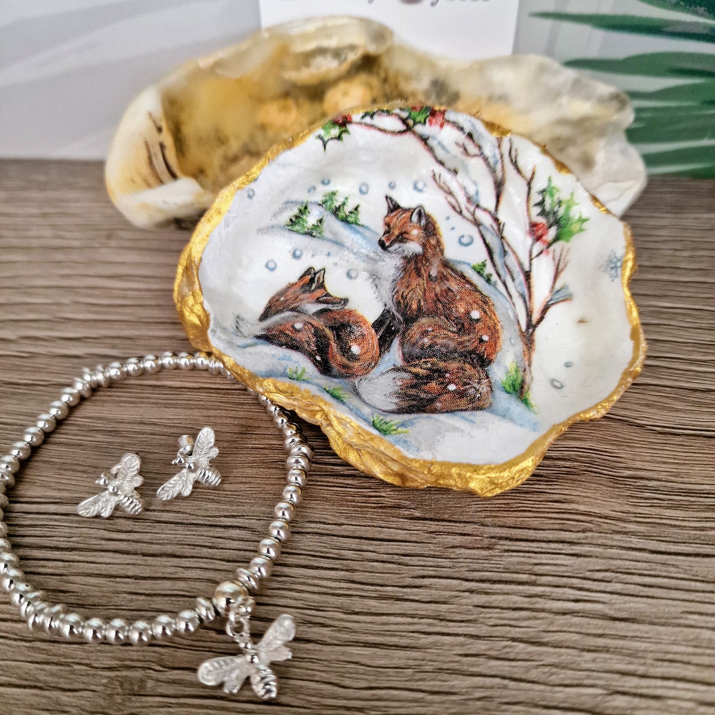 Winter Fox Cubs Oyster Shell Trinket Dish