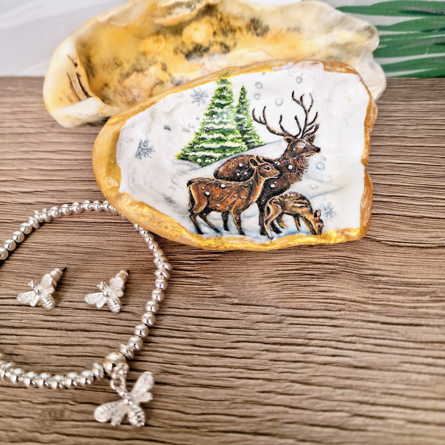 Winter Deer Stag Oyster Shell Trinket Dish