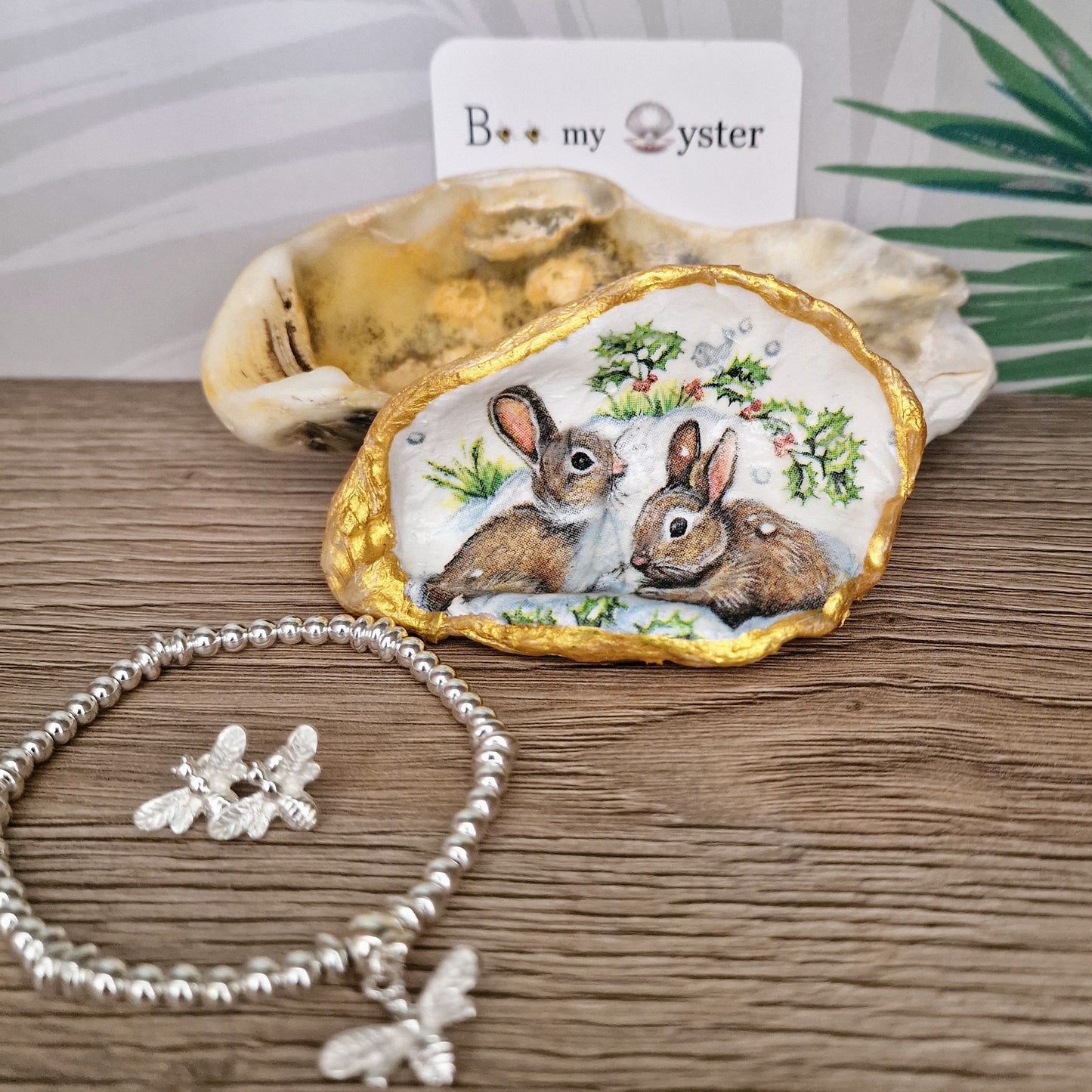 Winter Bunny Rabbits Wildlife Oyster Shell Trinket Dish