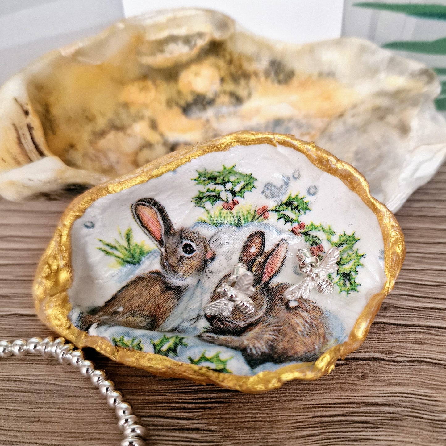 Winter Bunny Rabbits Wildlife Oyster Shell Trinket Dish