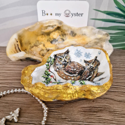 Winter Barn Owls Oyster Shell Trinket Dish