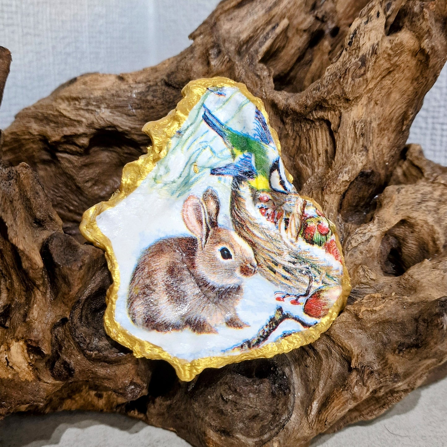 Snow Bunny Woodland Animals Decorated Oyster Shell