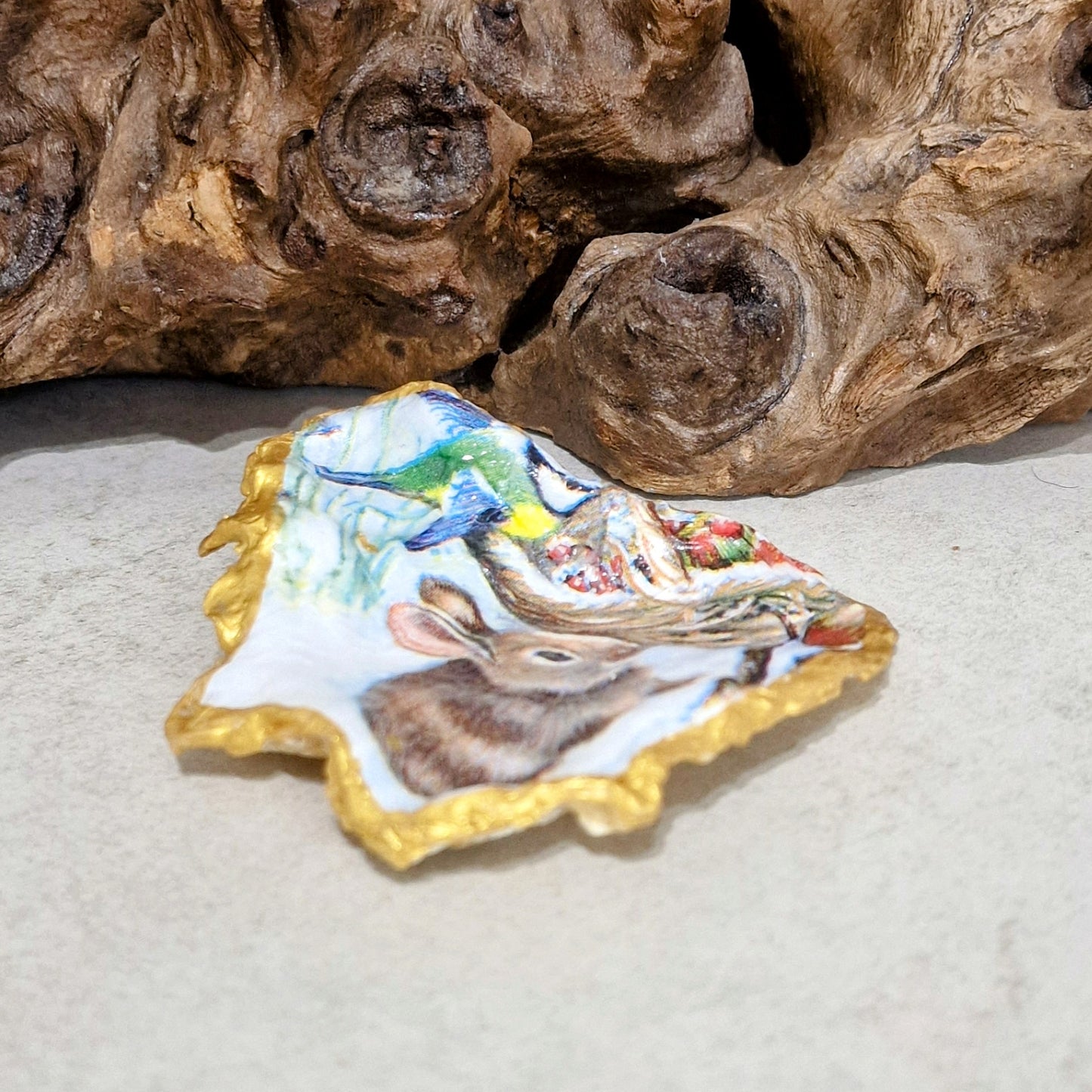 Snow Bunny Woodland Animals Decorated Oyster Shell