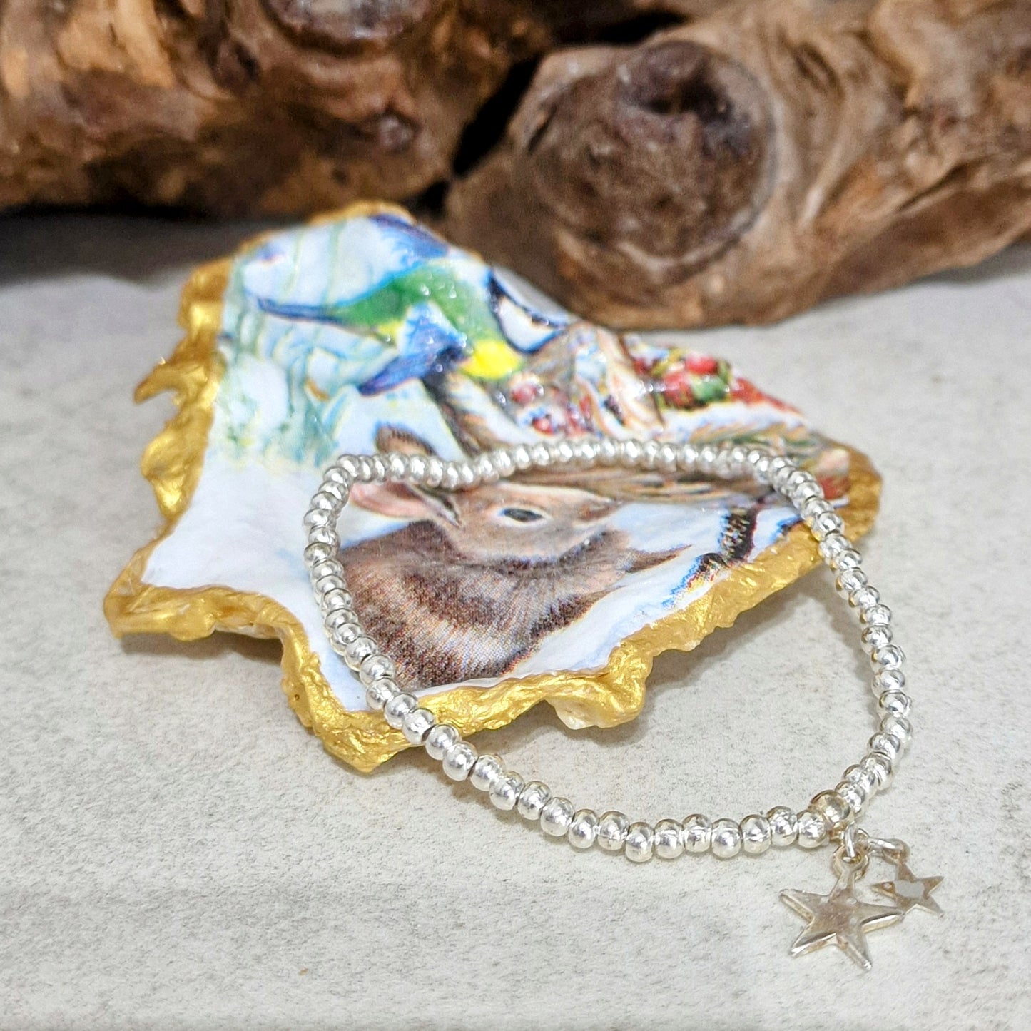 Snow Bunny Woodland Animals Decorated Oyster Shell