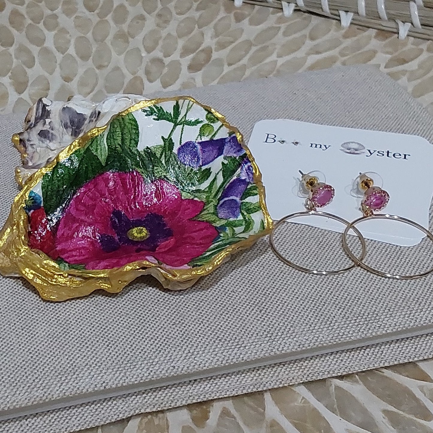 NEW Pink Purple Lupin Flower Oyster Shell Trinket Dish Gift