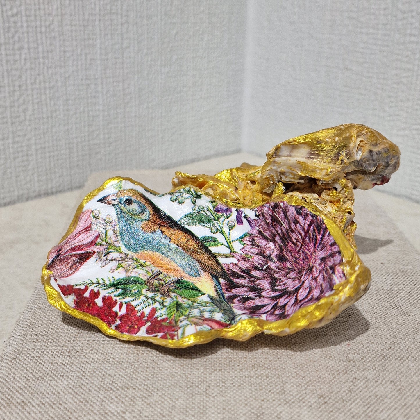 Special Shell Bird and Wild Flowers Cluster Oyster Shell Trinket Dish