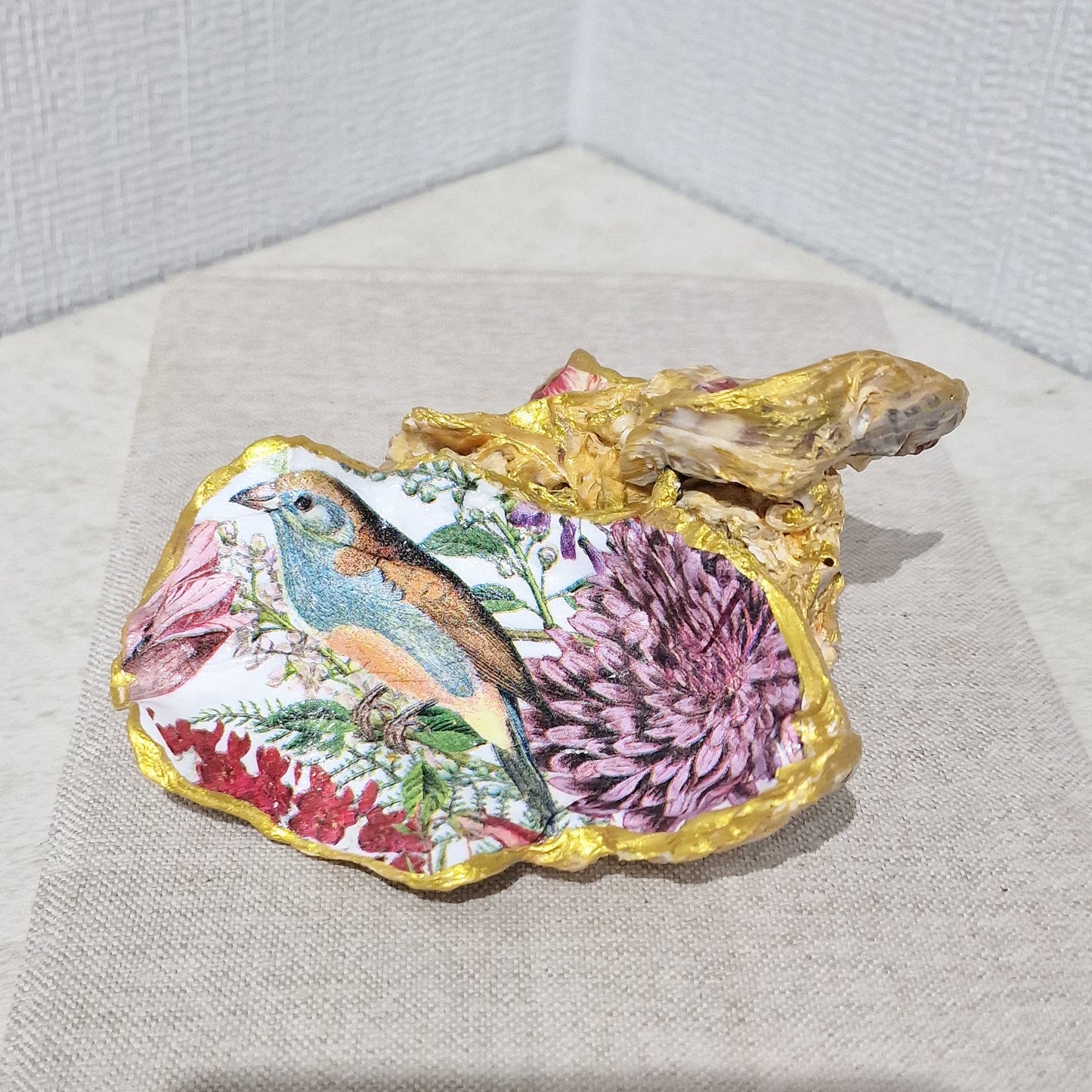 Special Shell Bird and Wild Flowers Cluster Oyster Shell Trinket Dish