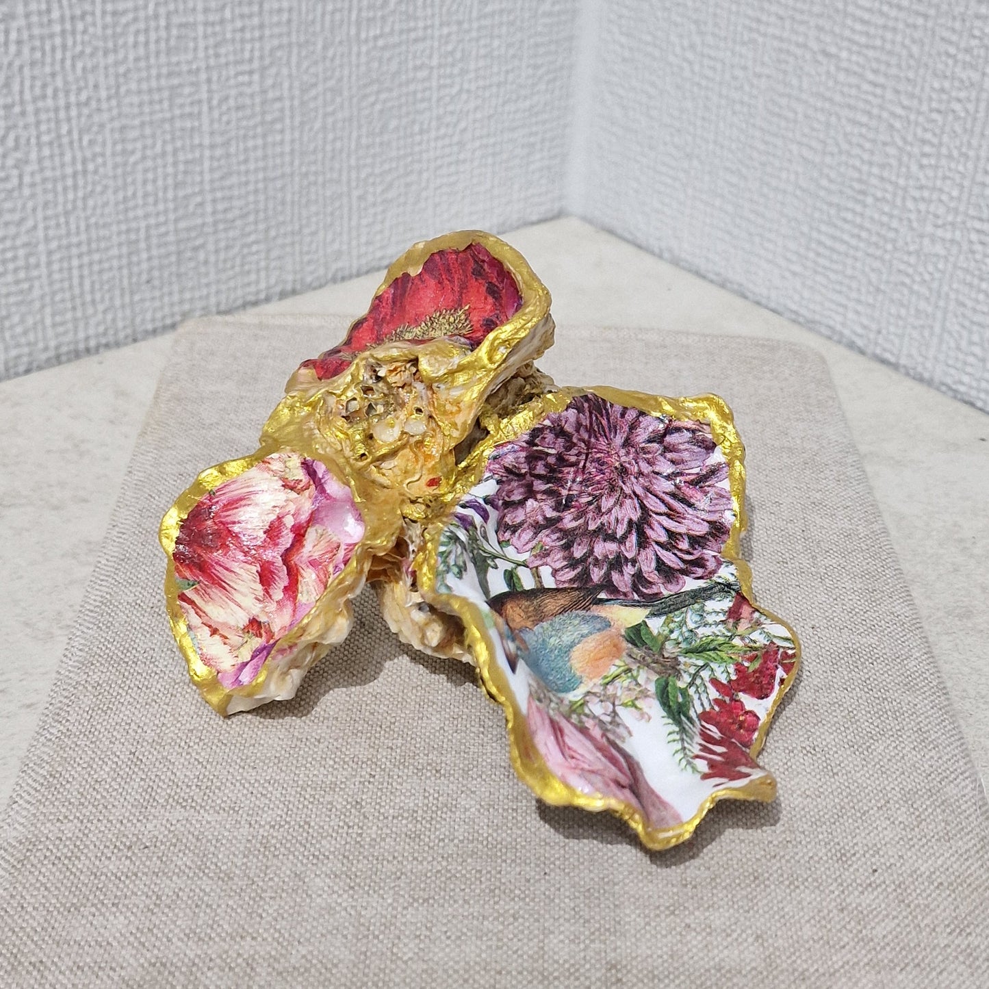 Special Shell Bird and Wild Flowers Cluster Oyster Shell Trinket Dish