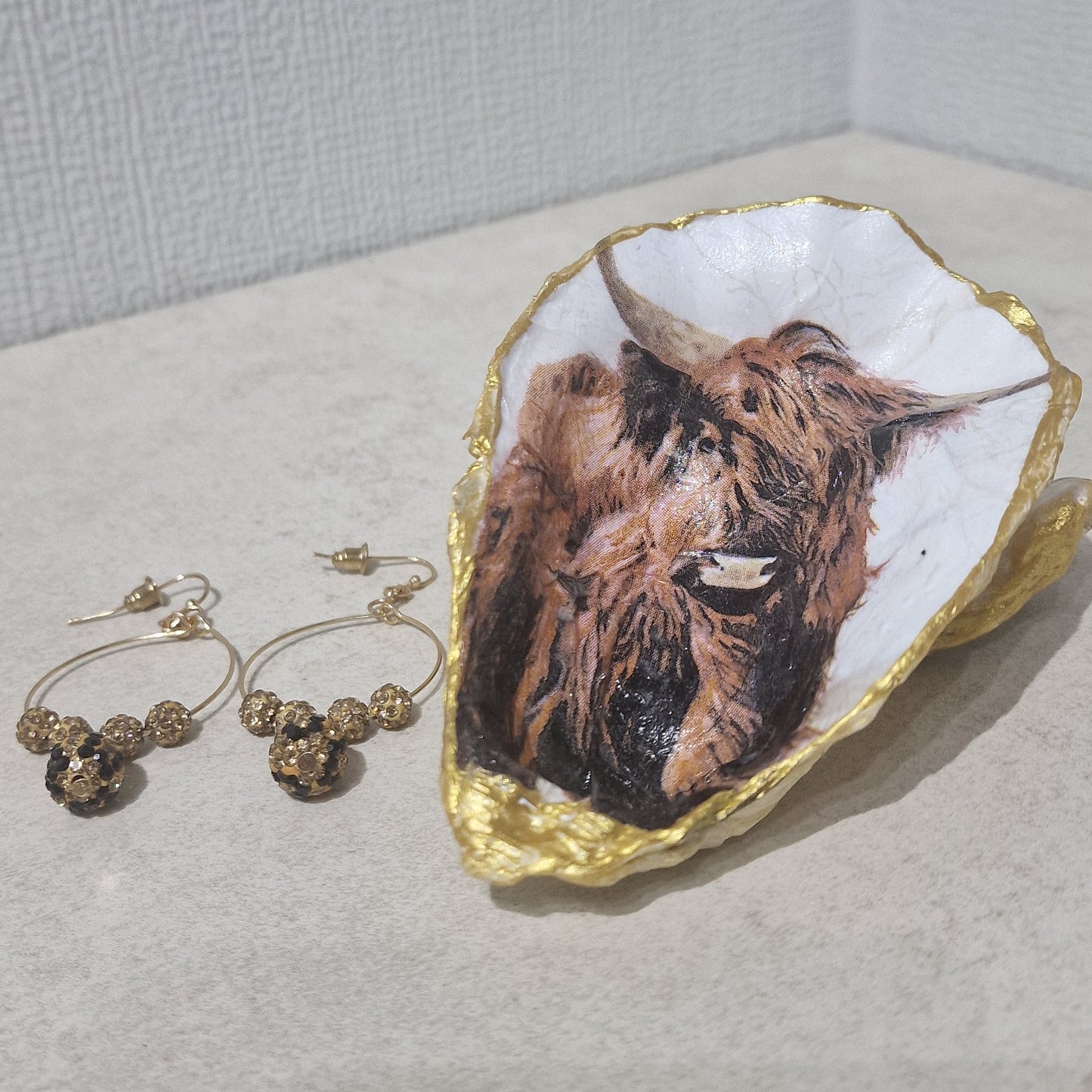 NEW Highland Cow Scotland Oyster Shell Trinket Dish Jewellery Holder Gift