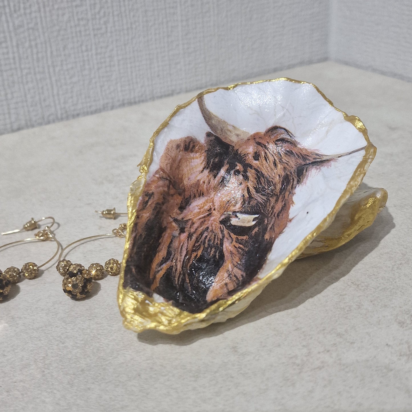 NEW Highland Cow Scotland Oyster Shell Trinket Dish Jewellery Holder Gift