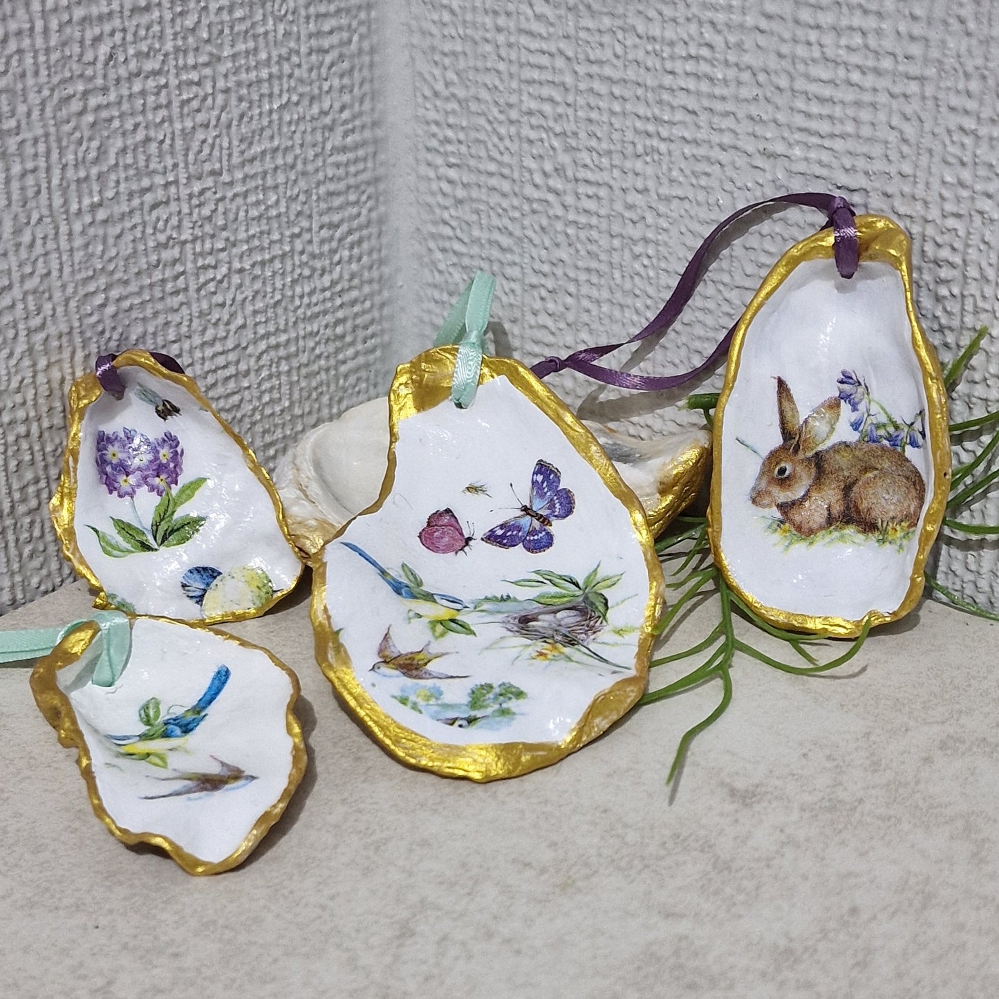 Spring Oyster Shell Hanging Ornaments Decorations Gift Easter Tree - Set of 4