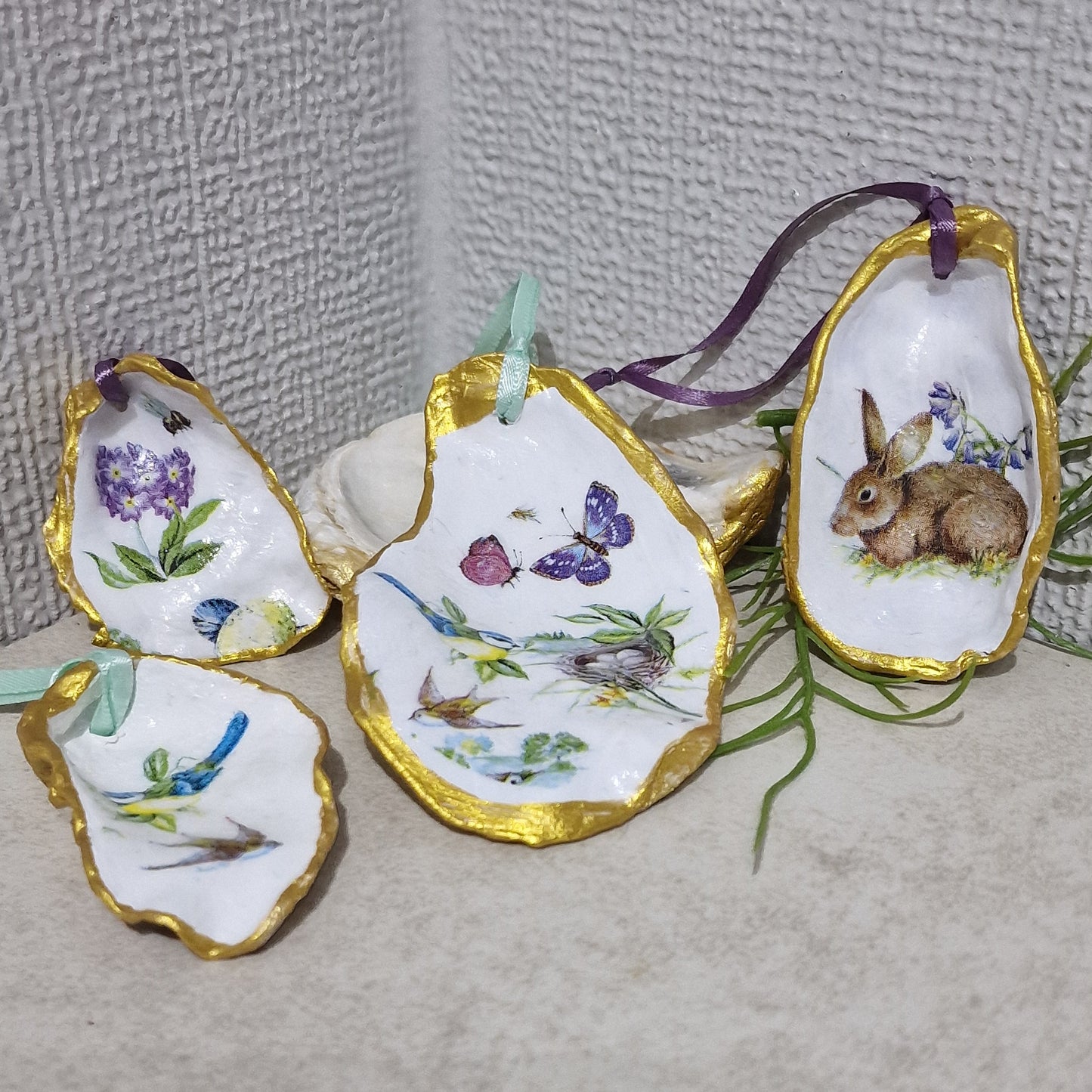 Spring Oyster Shell Hanging Ornaments Decorations Gift Easter Tree - Set of 4