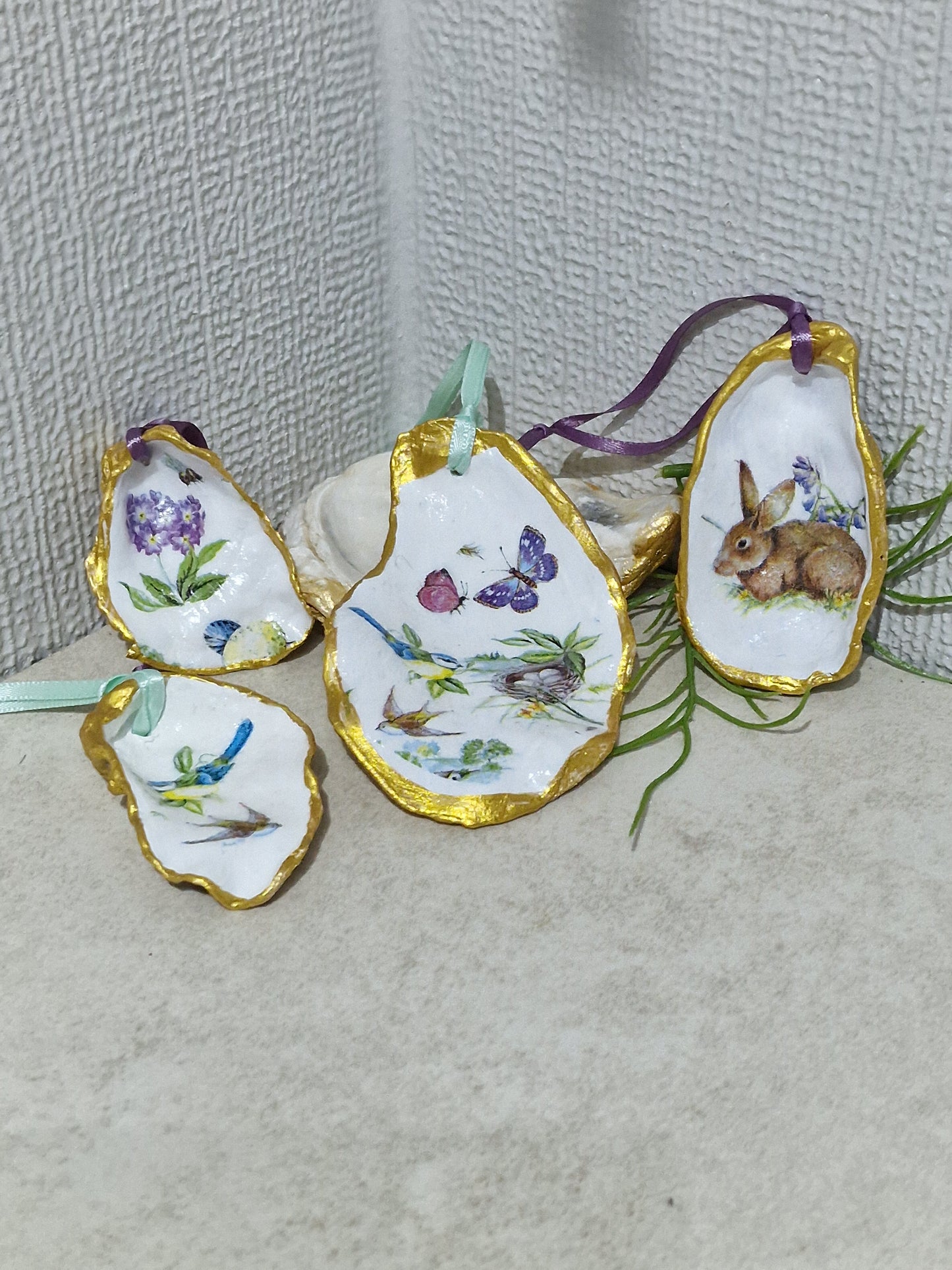 Spring Oyster Shell Hanging Ornaments Decorations Gift Easter Tree - Set of 4