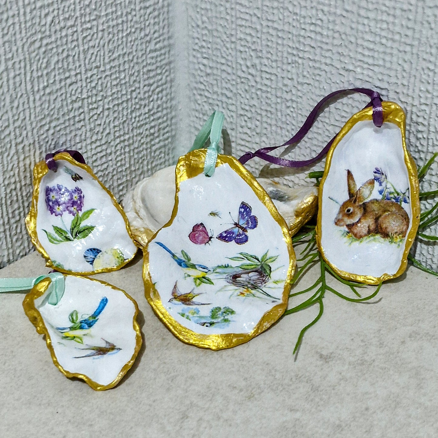 Spring Oyster Shell Hanging Ornaments Decorations Gift Easter Tree - Set of 4