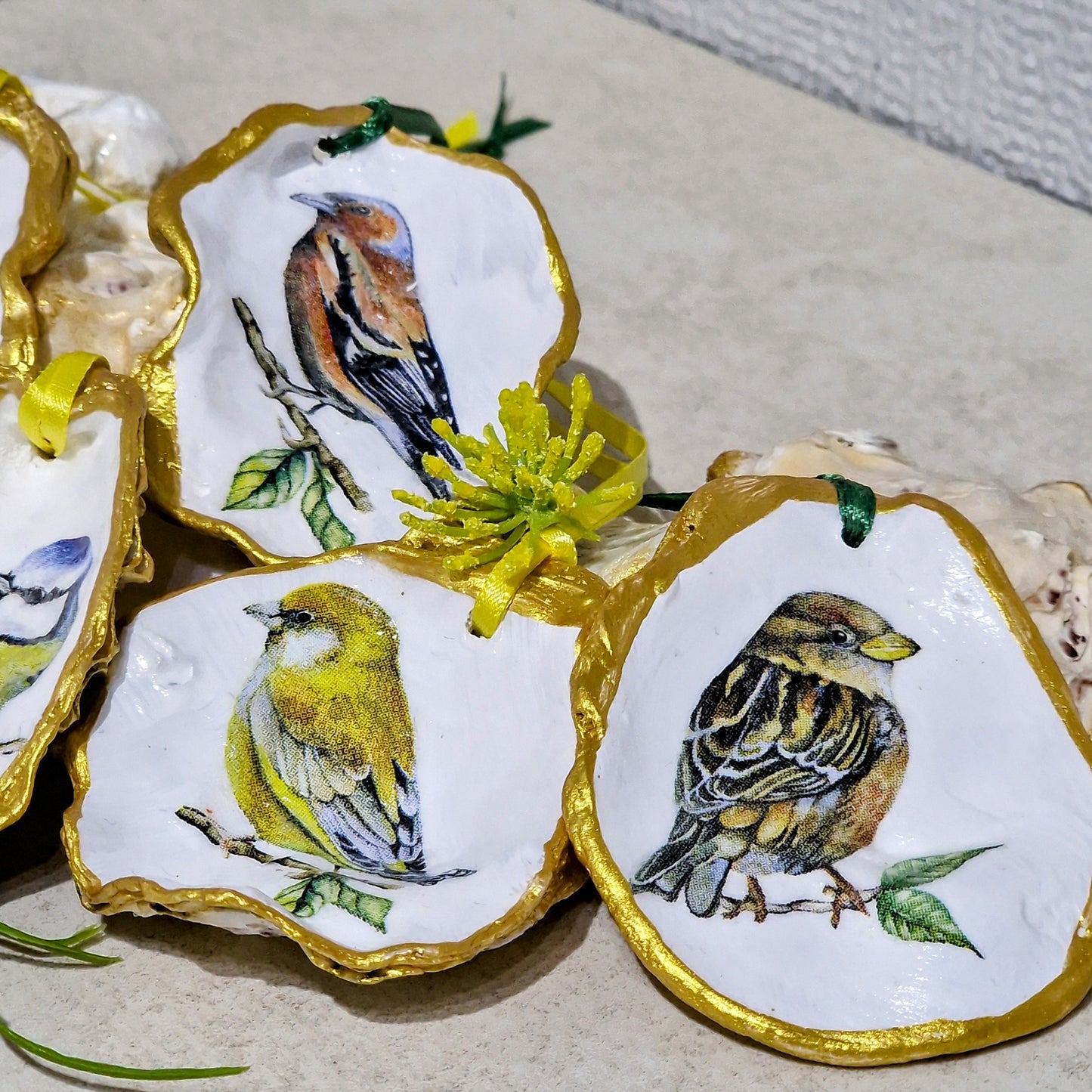 Garden Birds Oyster Shell Hanging Ornaments Decorations Gift Easter Tree - Set of 6