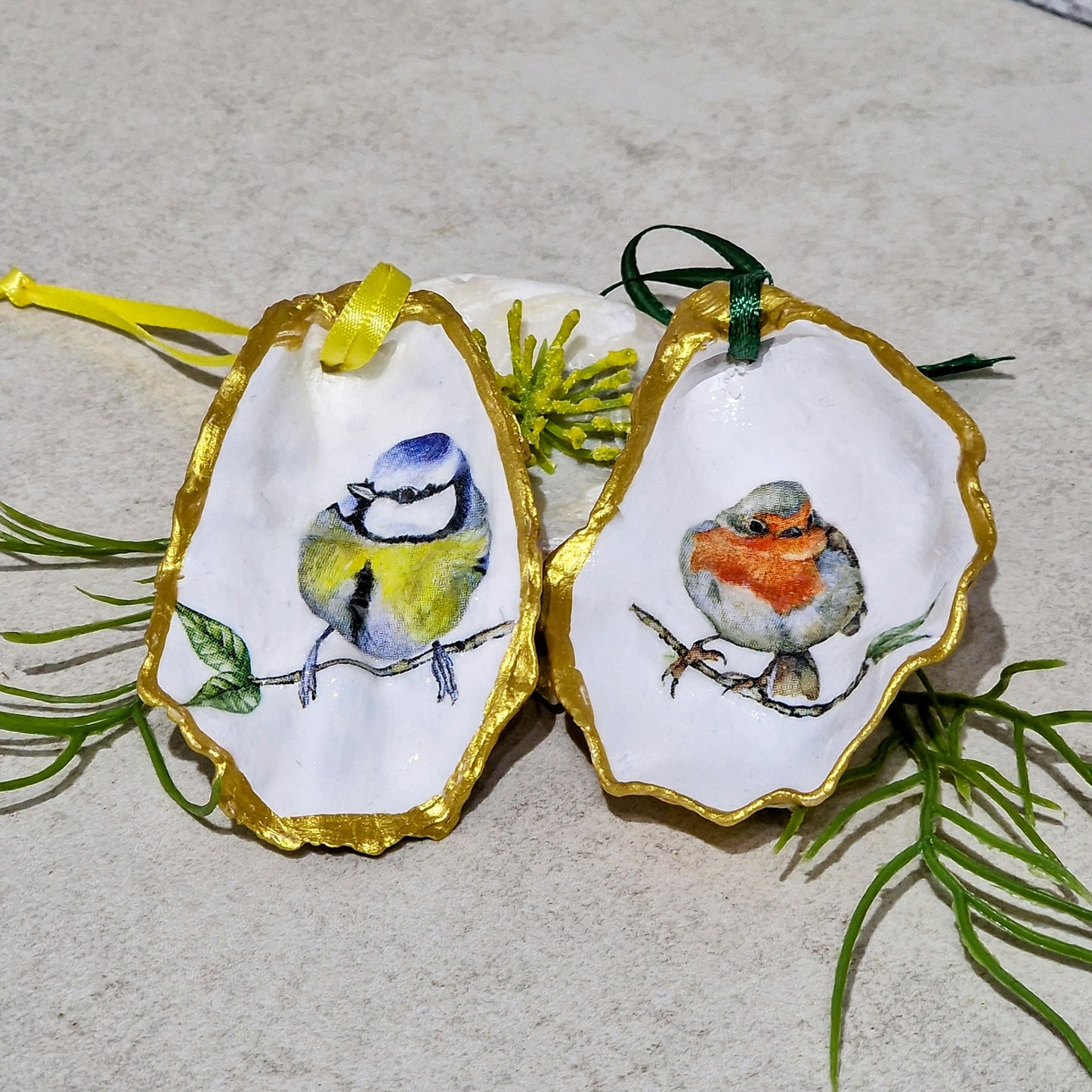 Robin & Blue Tit Birds Oyster Shell Hanging Ornaments Decorations Gift Easter Tree - Set of 2