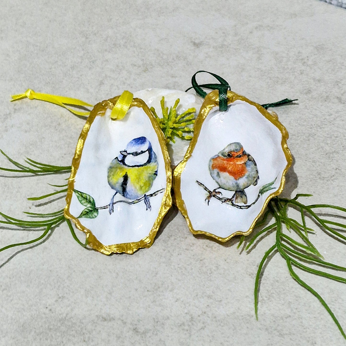 Robin & Blue Tit Birds Oyster Shell Hanging Ornaments Decorations Gift Easter Tree - Set of 2