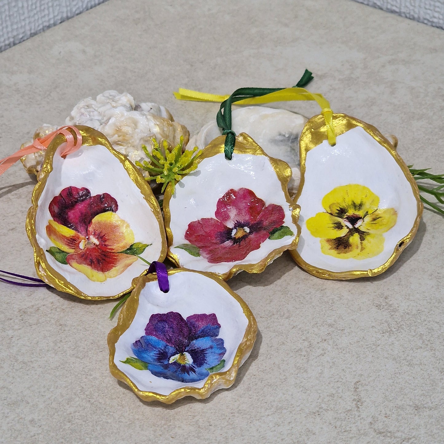 Pansy Flowers Oyster Shell Hanging Ornaments Decorations Gift Easter Tree - Set of 4