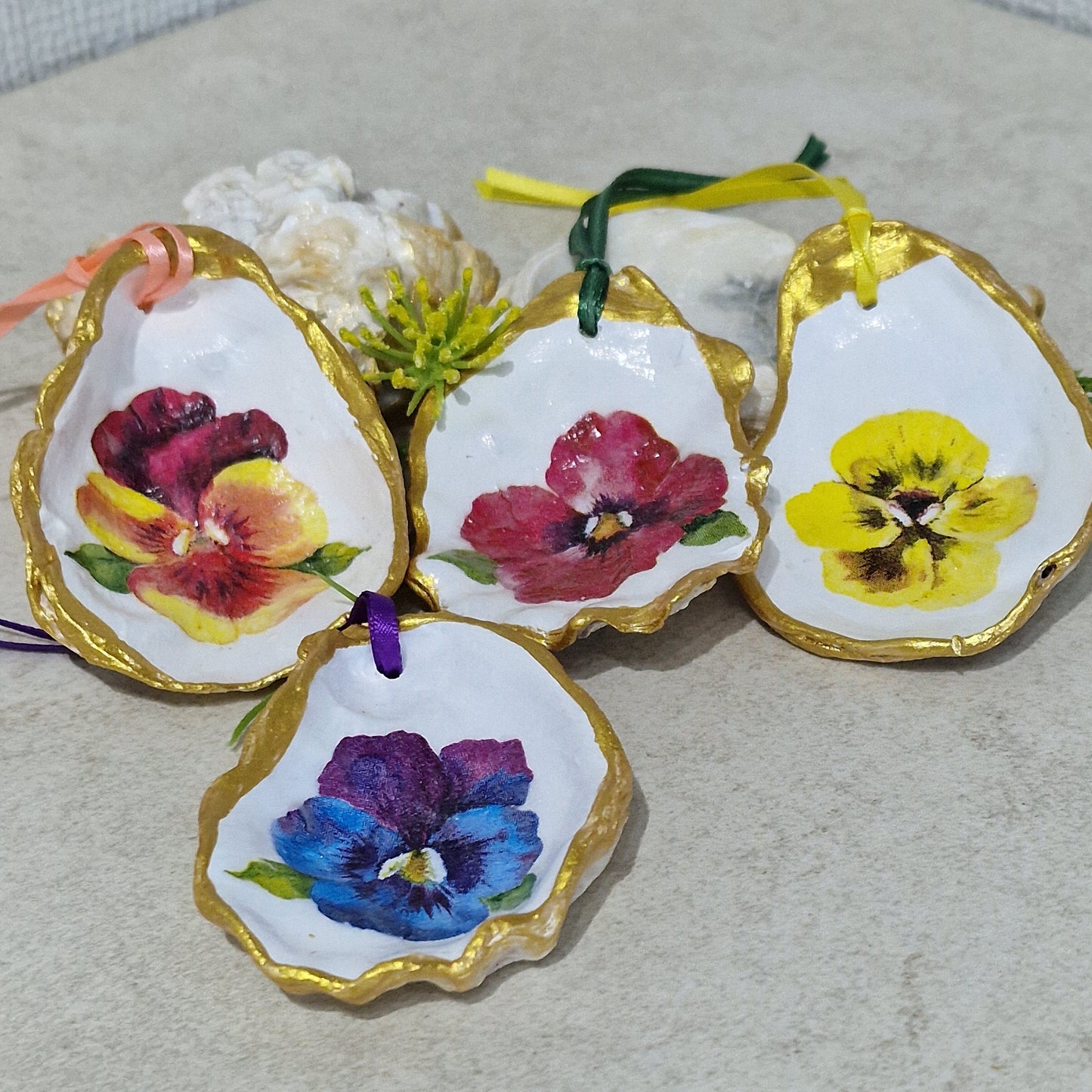 Pansy Flowers Oyster Shell Hanging Ornaments Decorations Gift Easter Tree - Set of 4