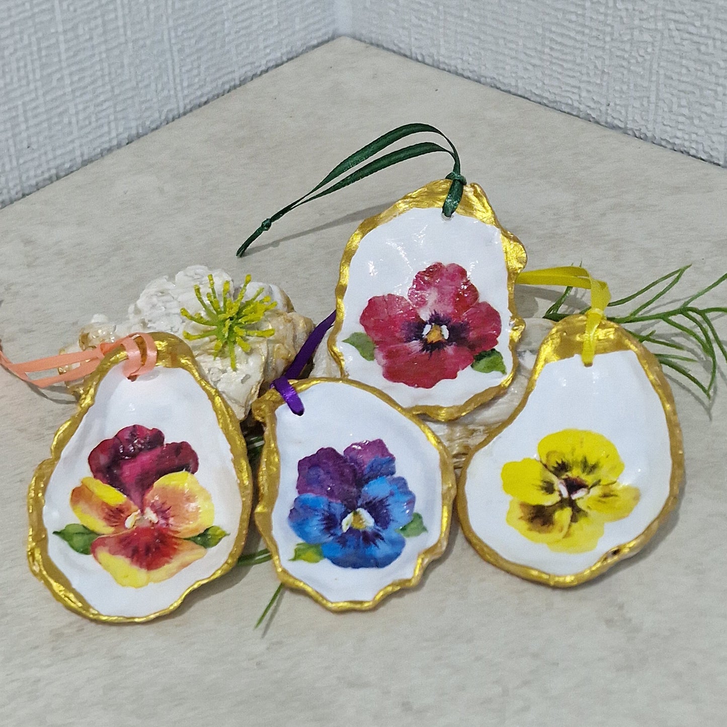 Pansy Flowers Oyster Shell Hanging Ornaments Decorations Gift Easter Tree - Set of 4