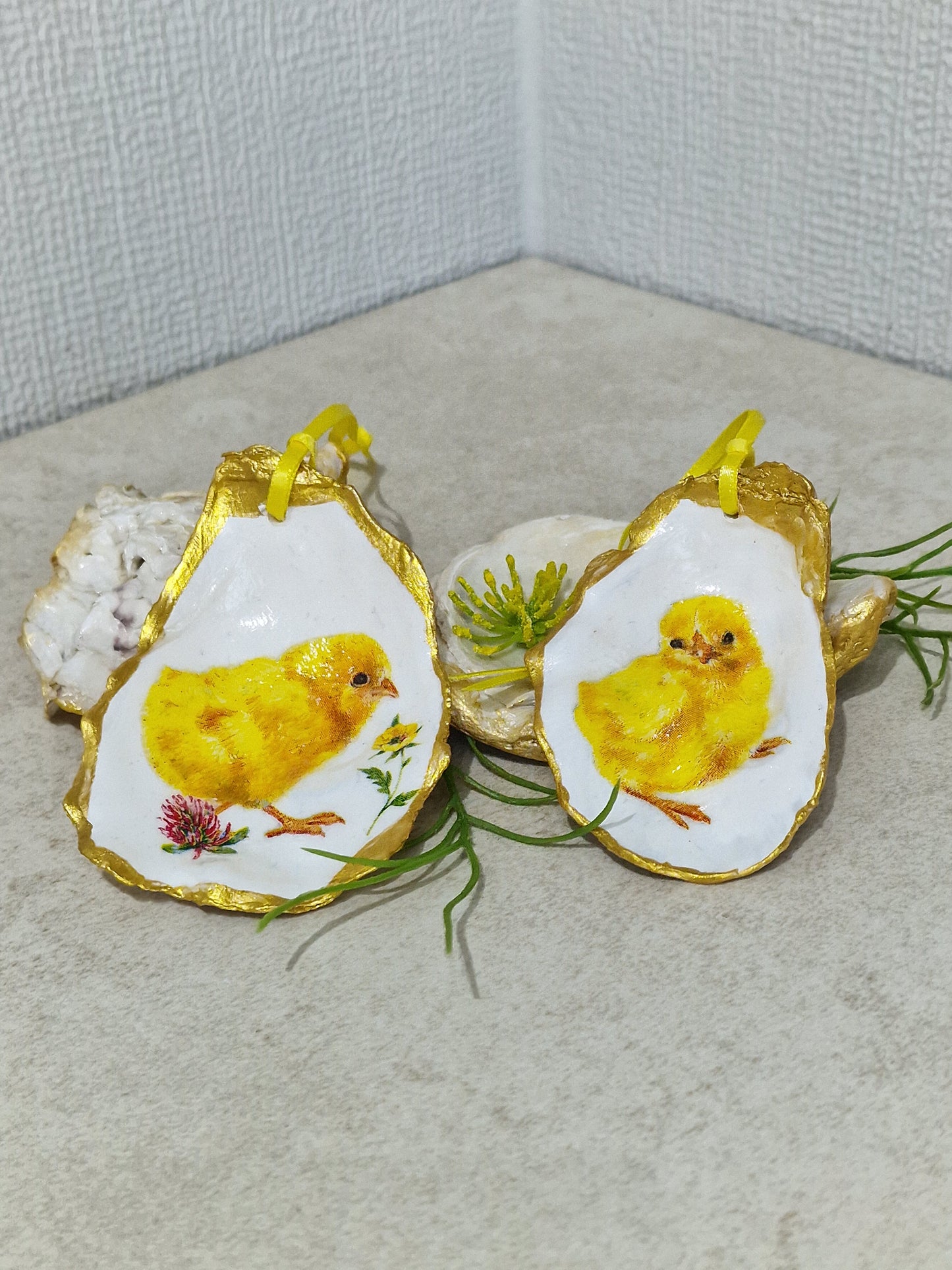 Yellow Easter Chicks Oyster Shell Hanging Ornaments Decorations Gift Tree - Set of 2