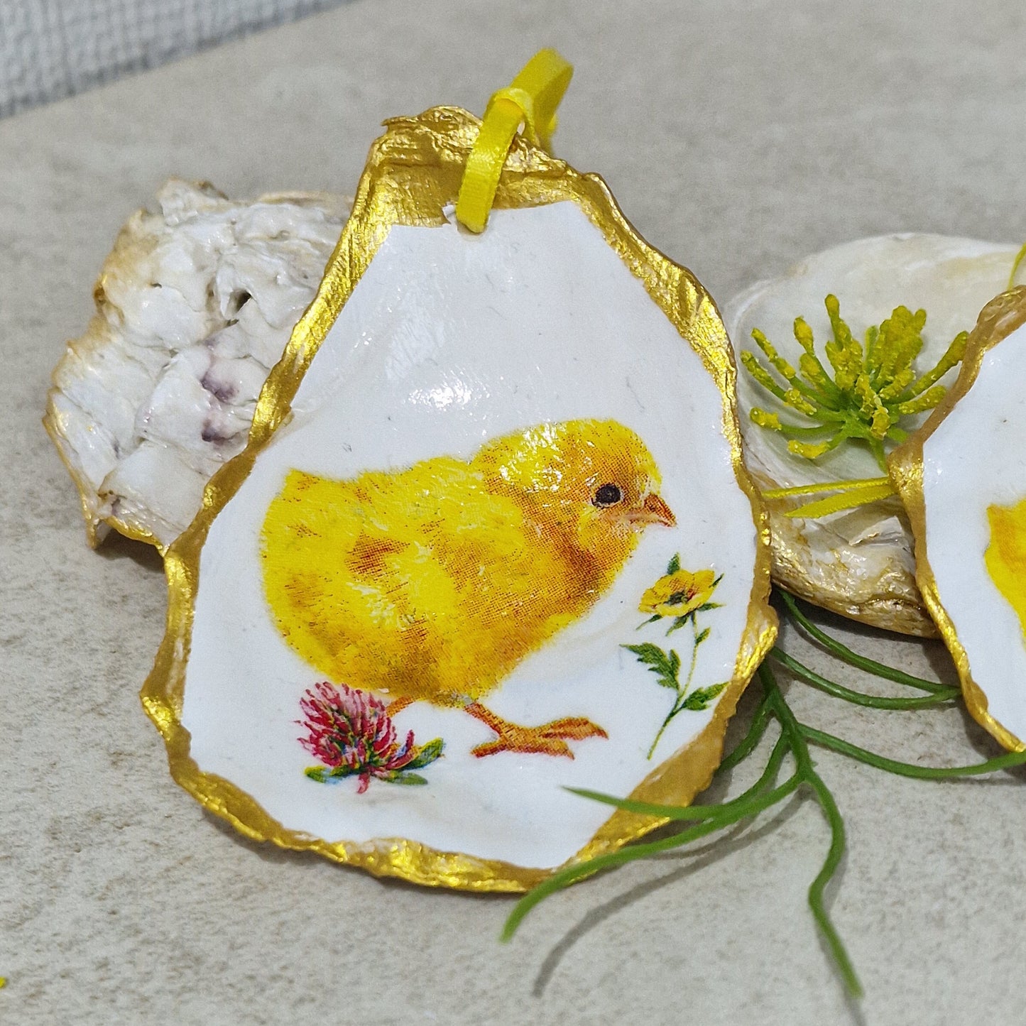 Yellow Easter Chicks Oyster Shell Hanging Ornaments Decorations Gift Tree - Set of 2