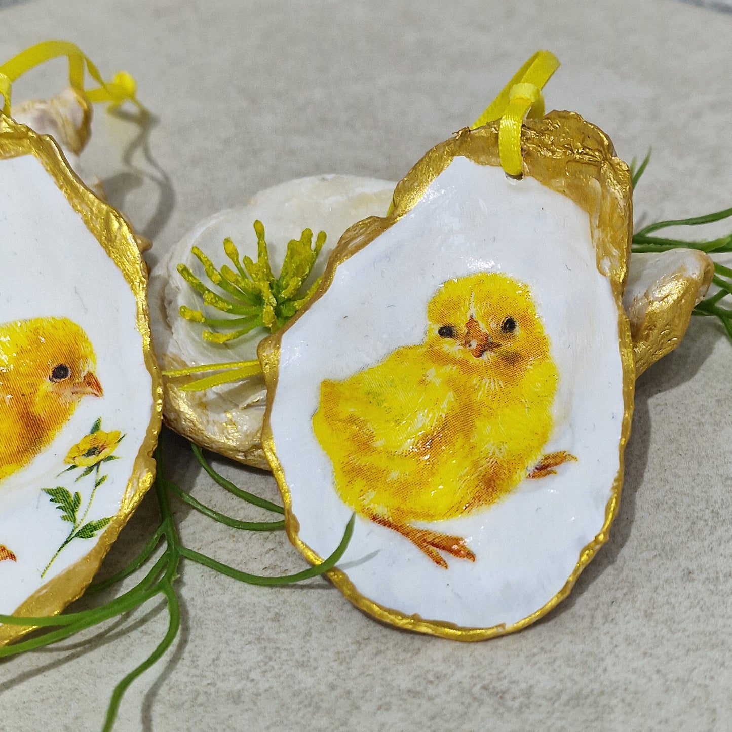Yellow Easter Chicks Oyster Shell Hanging Ornaments Decorations Gift Tree - Set of 2