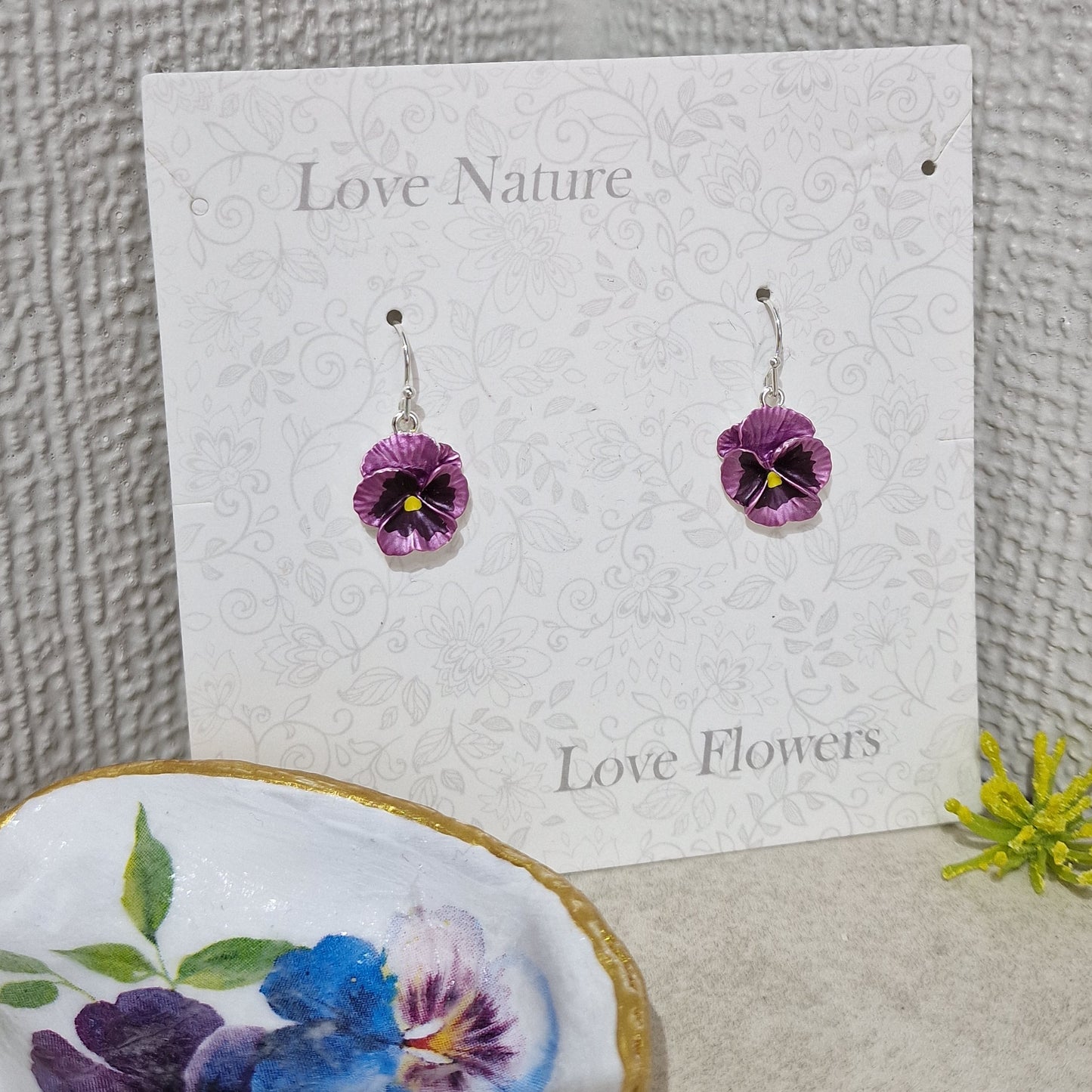 Pretty Lilac Pansy Flower Fashion Earrings Jewellery Pierced Mothers Day Gift