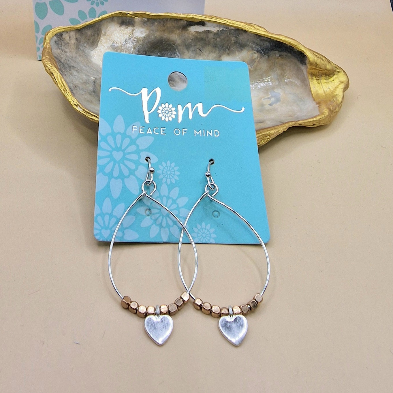 POM Silver Gold Heart Charm Drop Earrings Pierced Hoops