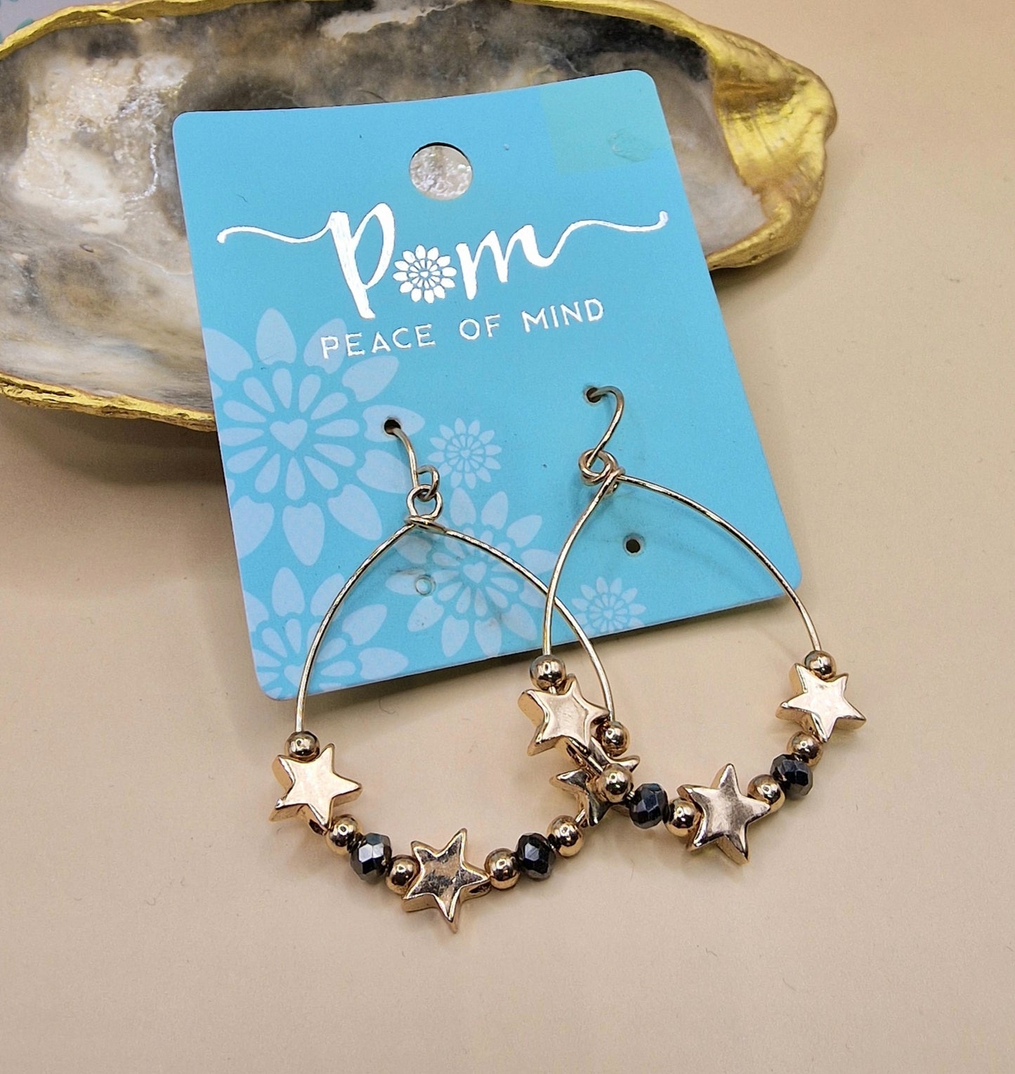 POM Gold Black Star Charm Drop Earrings Pierced Hoops