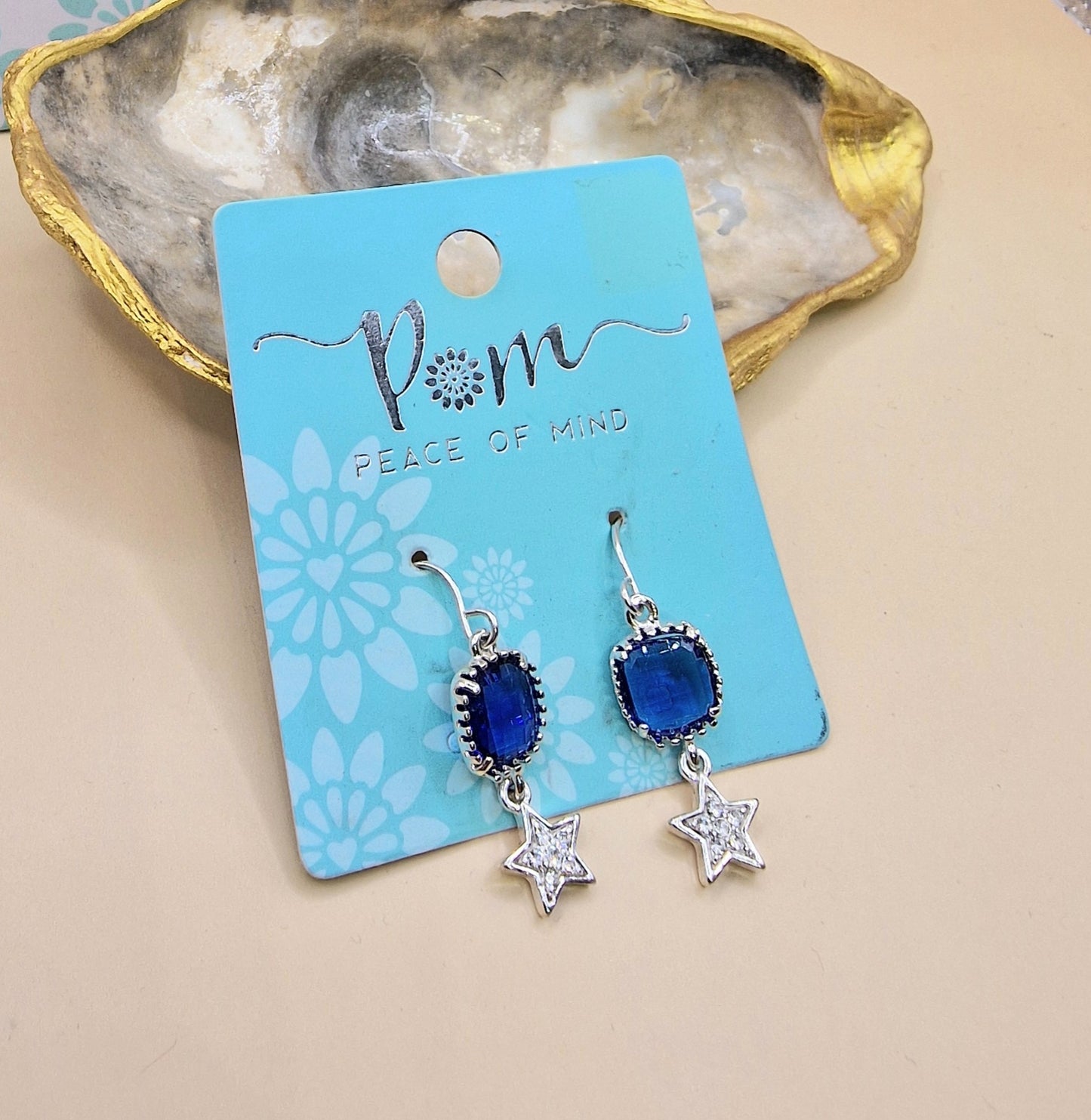 POM Silver Blue Drop Star Crystal Earrings Pierced Charm