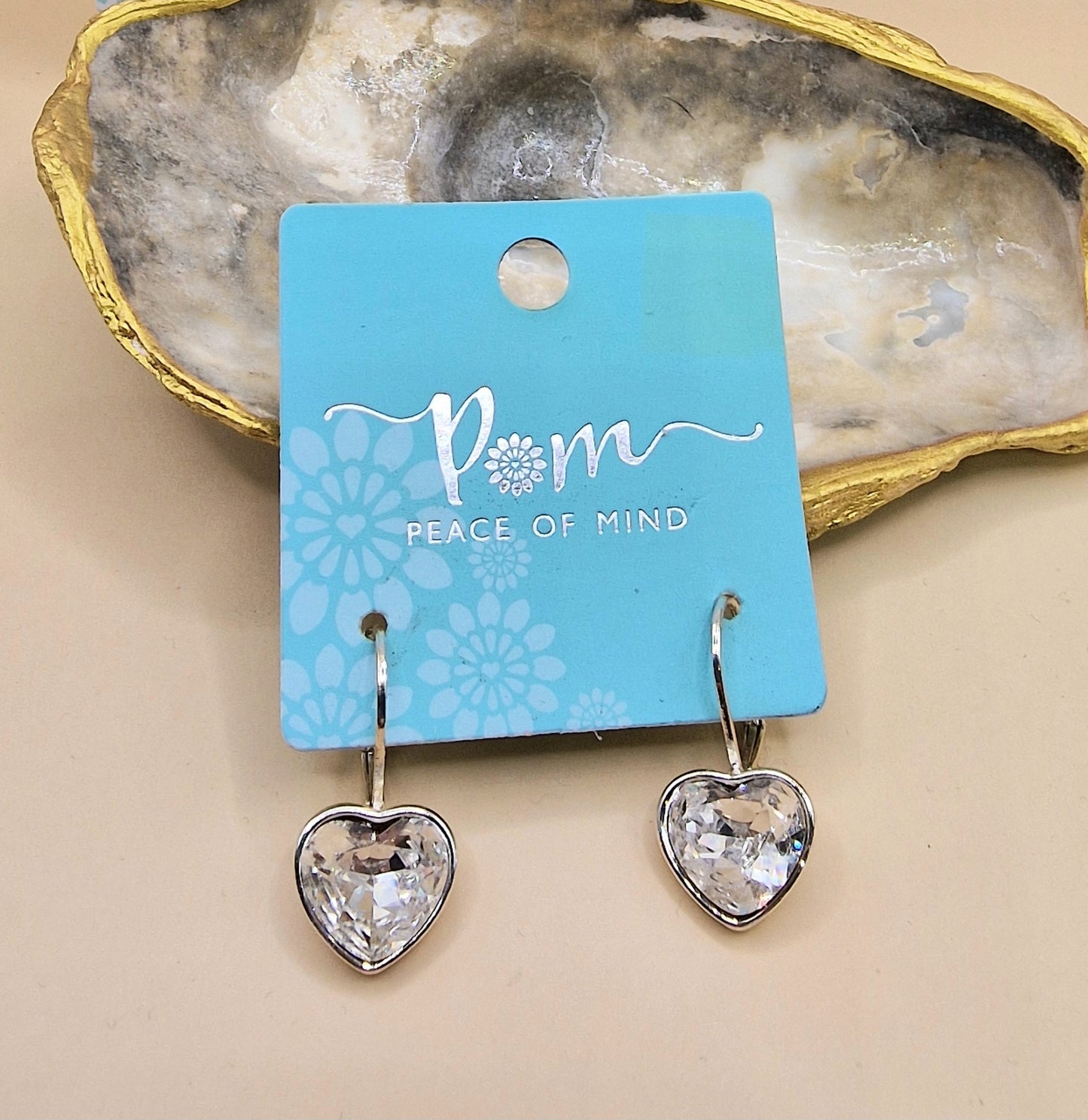 POM Silver Drop Heart Crystal Earrings Pierced Charm Sparkly