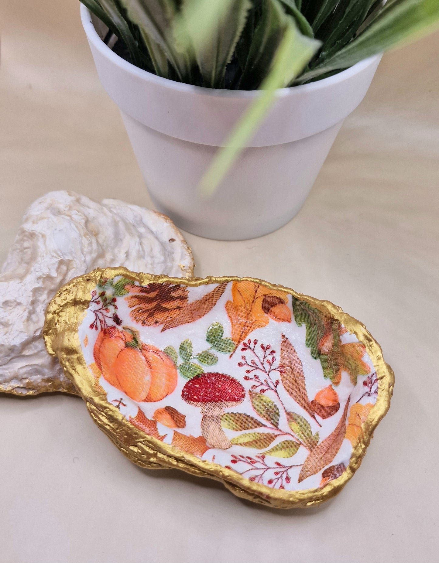 Autumn Pumpkin Toadstool Oyster Shell Trinket Dish