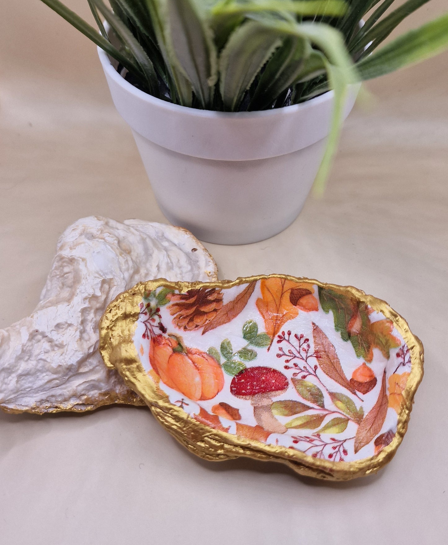 Autumn Pumpkin Toadstool Oyster Shell Trinket Dish