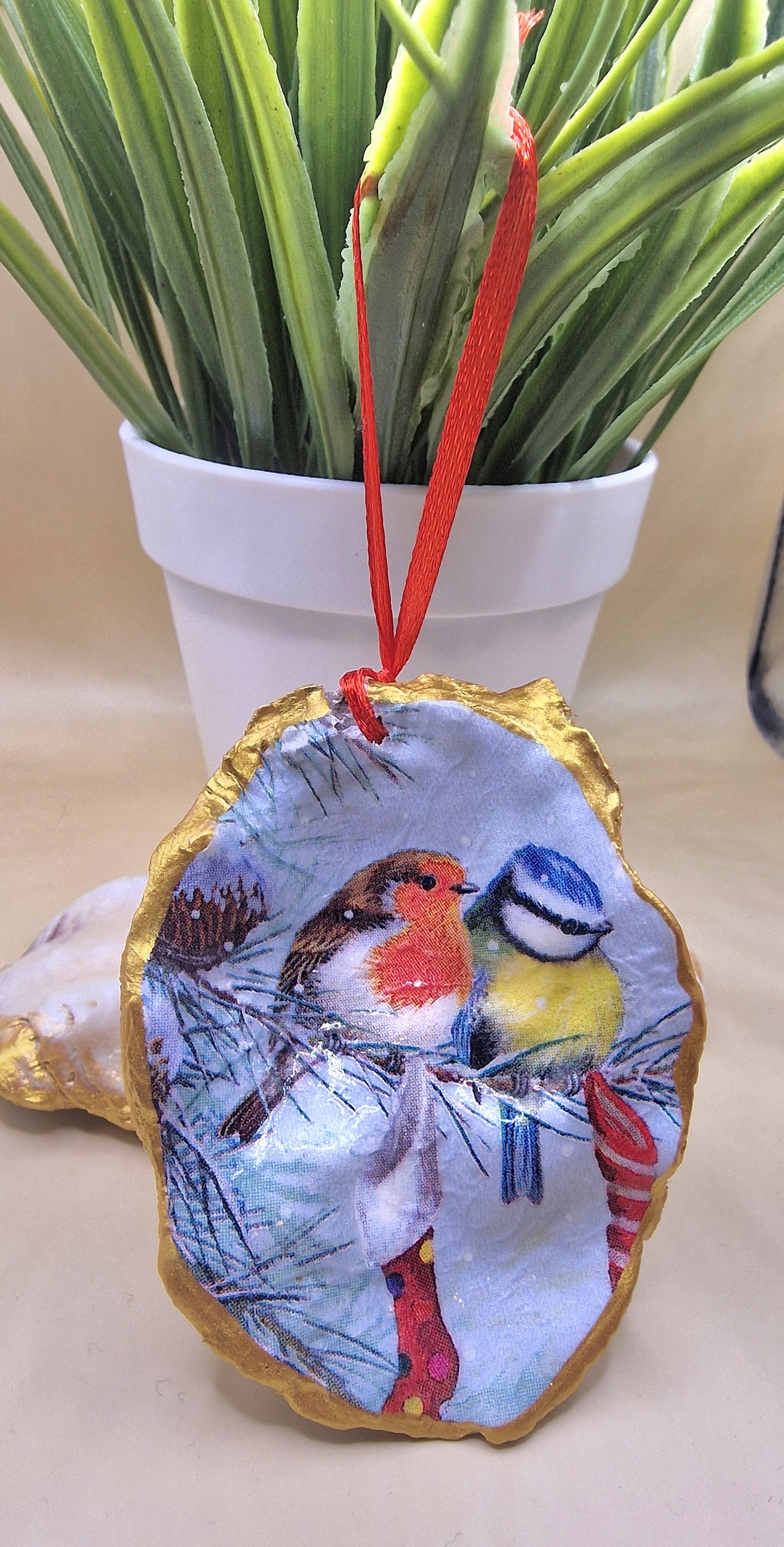 NEW Christmas Ornament Robin Blue Tit Stocking Oyster Shell