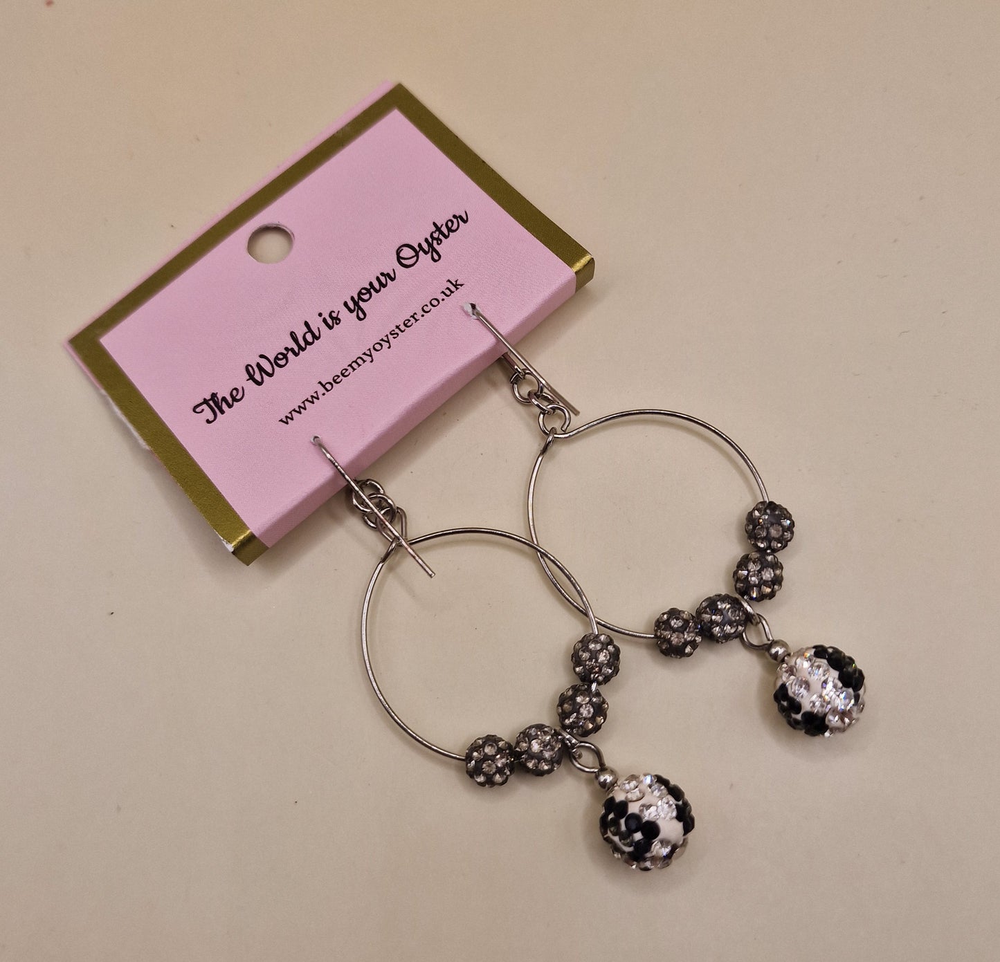 Zebra Crystal Ball Pierced Teardrop Hoop Silver Fashion Earrings