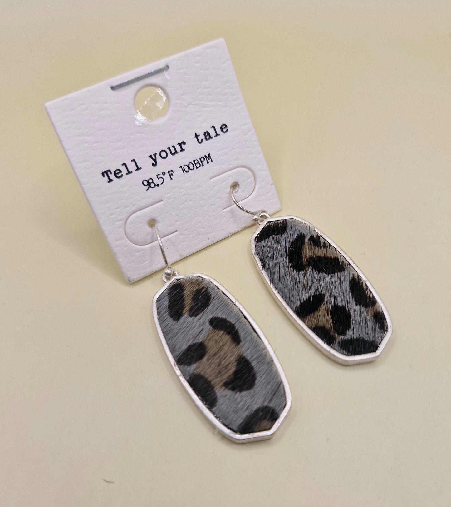 JEW-022 Grey Leopard Pierced Drop Oblong Fashion Earrings
