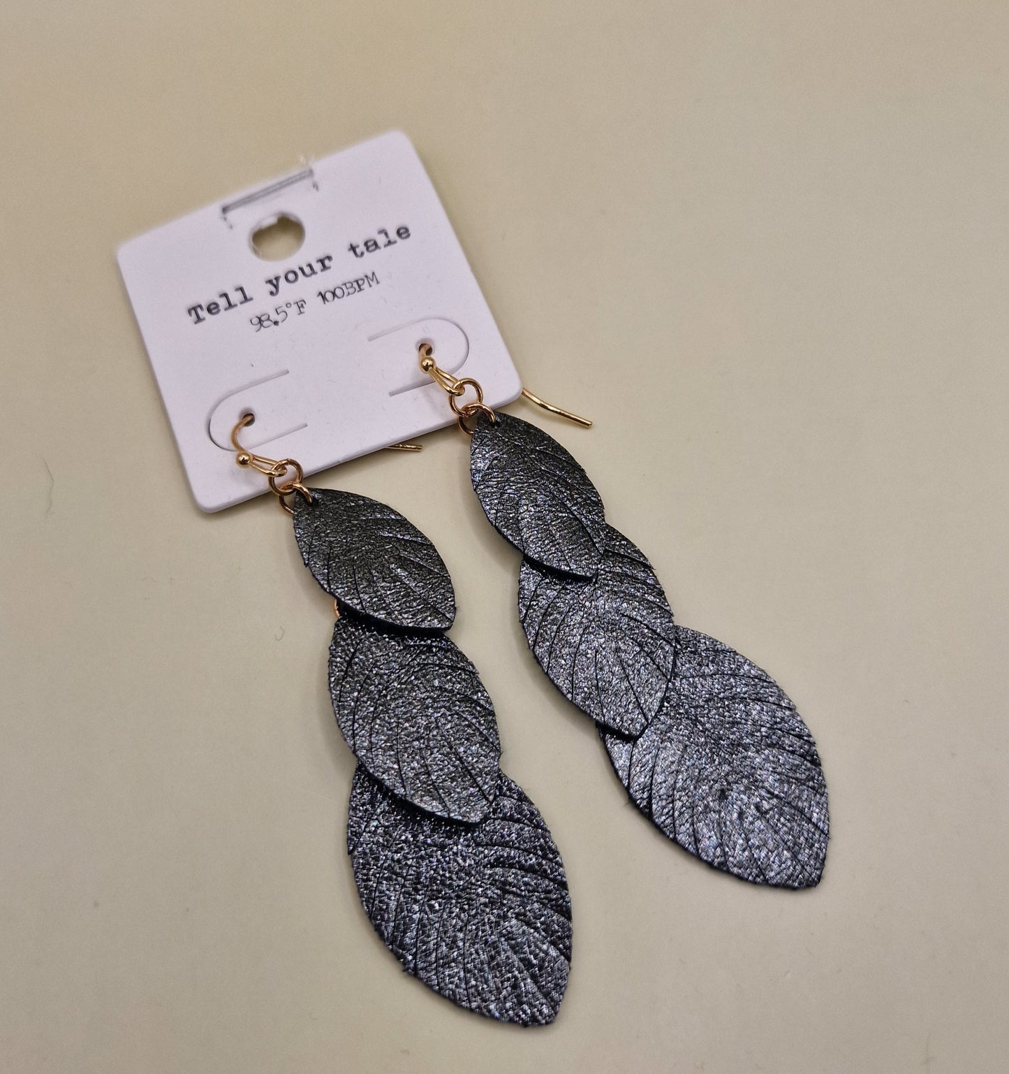 JEW-023 Black Sparkly Pierced Fabric Feather Earrings