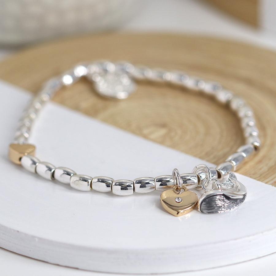 Whale & Heart Crystal Charm Beaded Stretch Bracelet