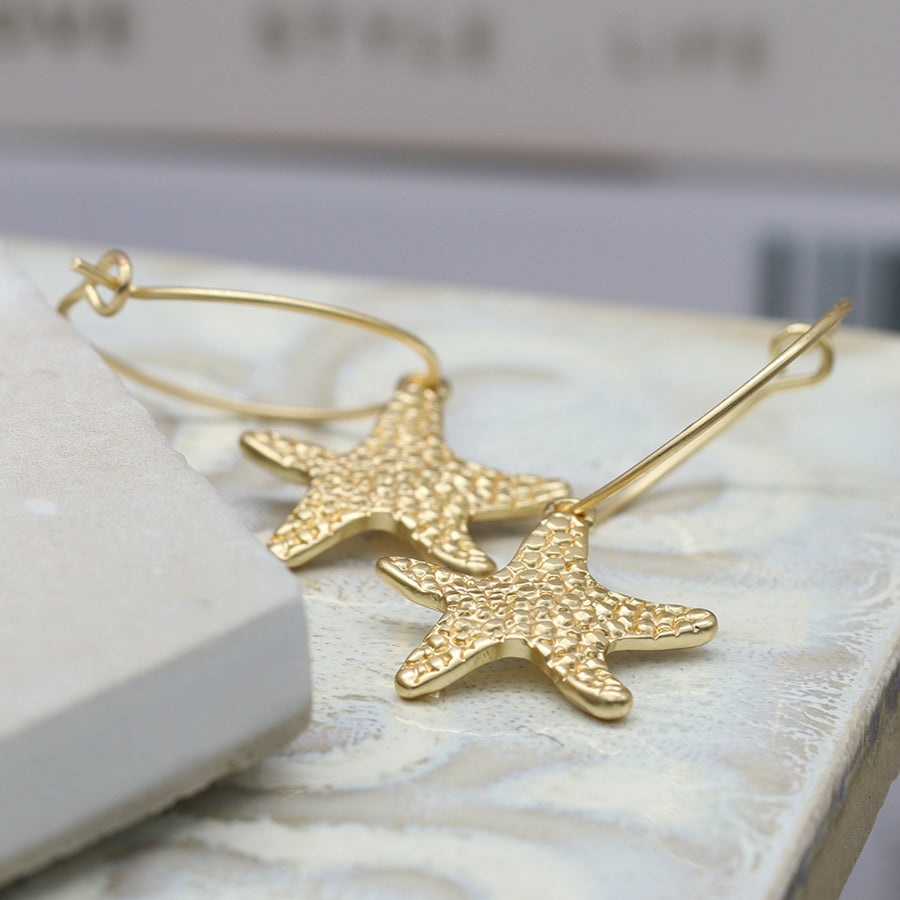 Beautiful Textured Gold Starfish Hoop Earrings by POM