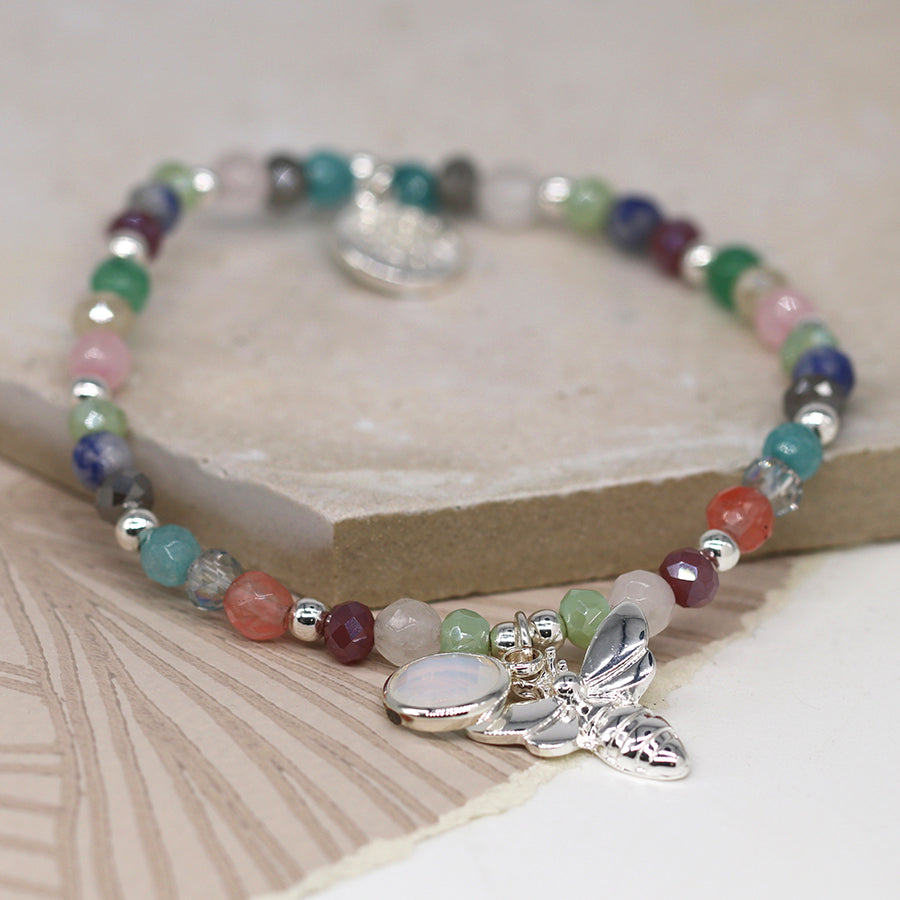 Bee & Crystal Charm Coloured Beaded Silver Plated Bracelet
