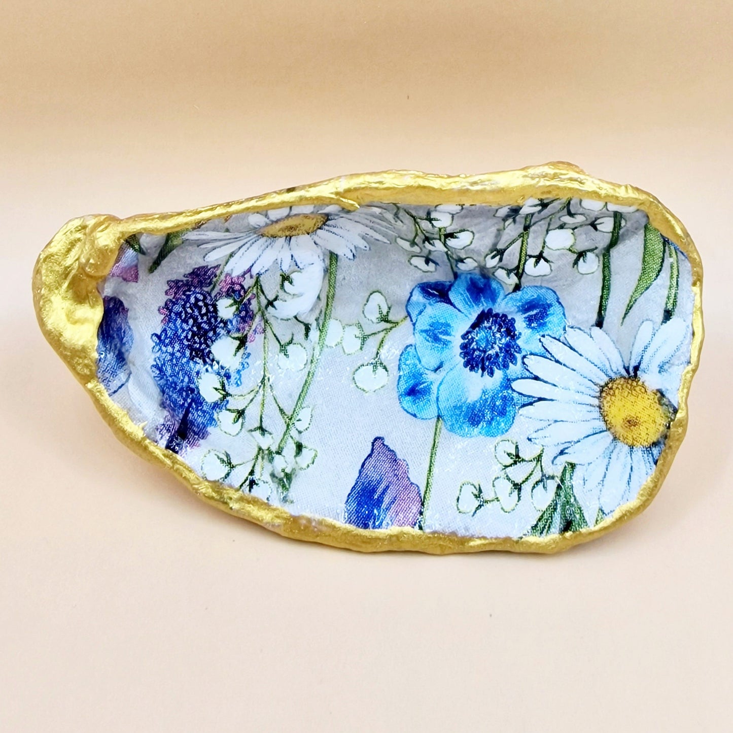 Iris Daisy Flowers Grey Oyster Shell Trinket Dish