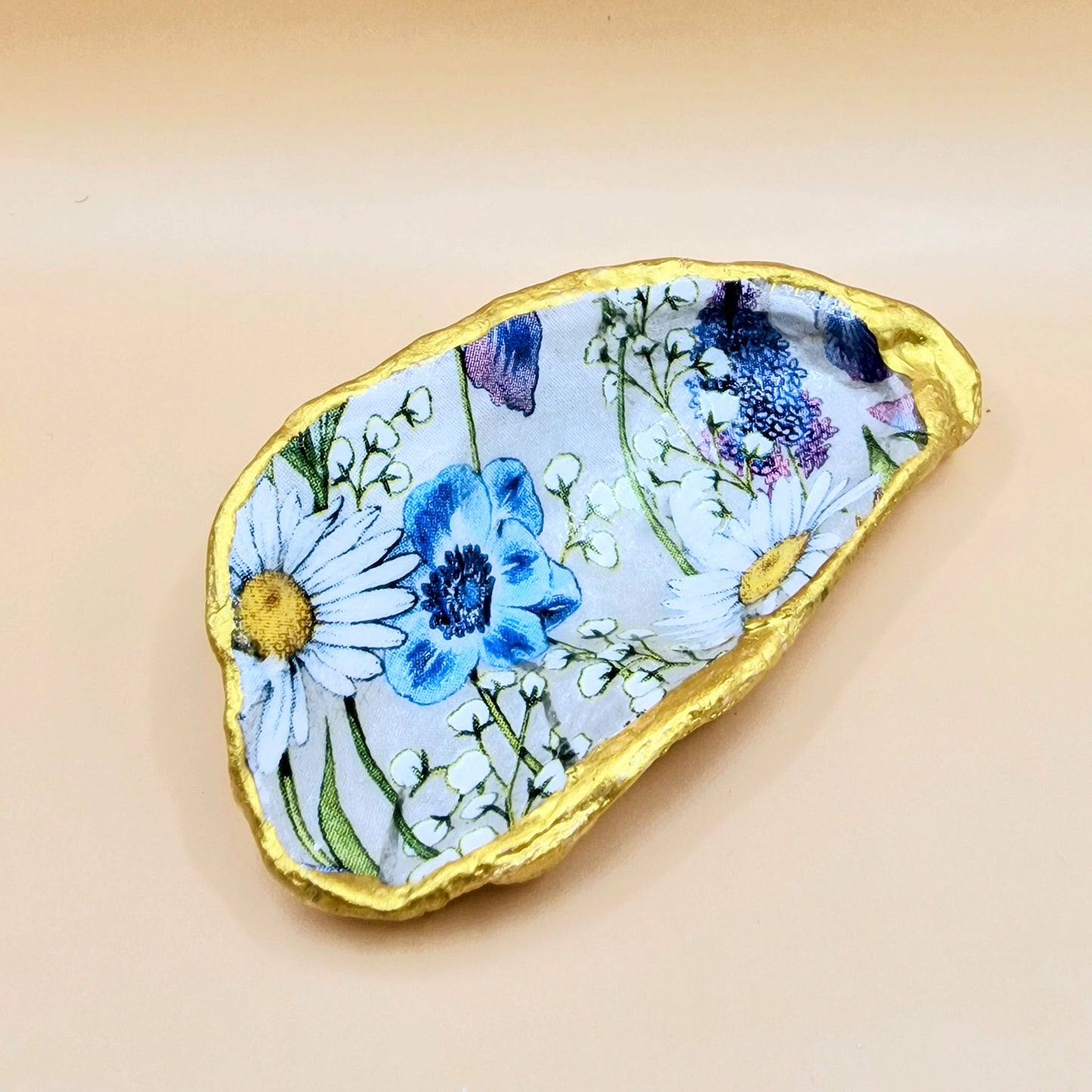 Iris Daisy Flowers Grey Oyster Shell Trinket Dish